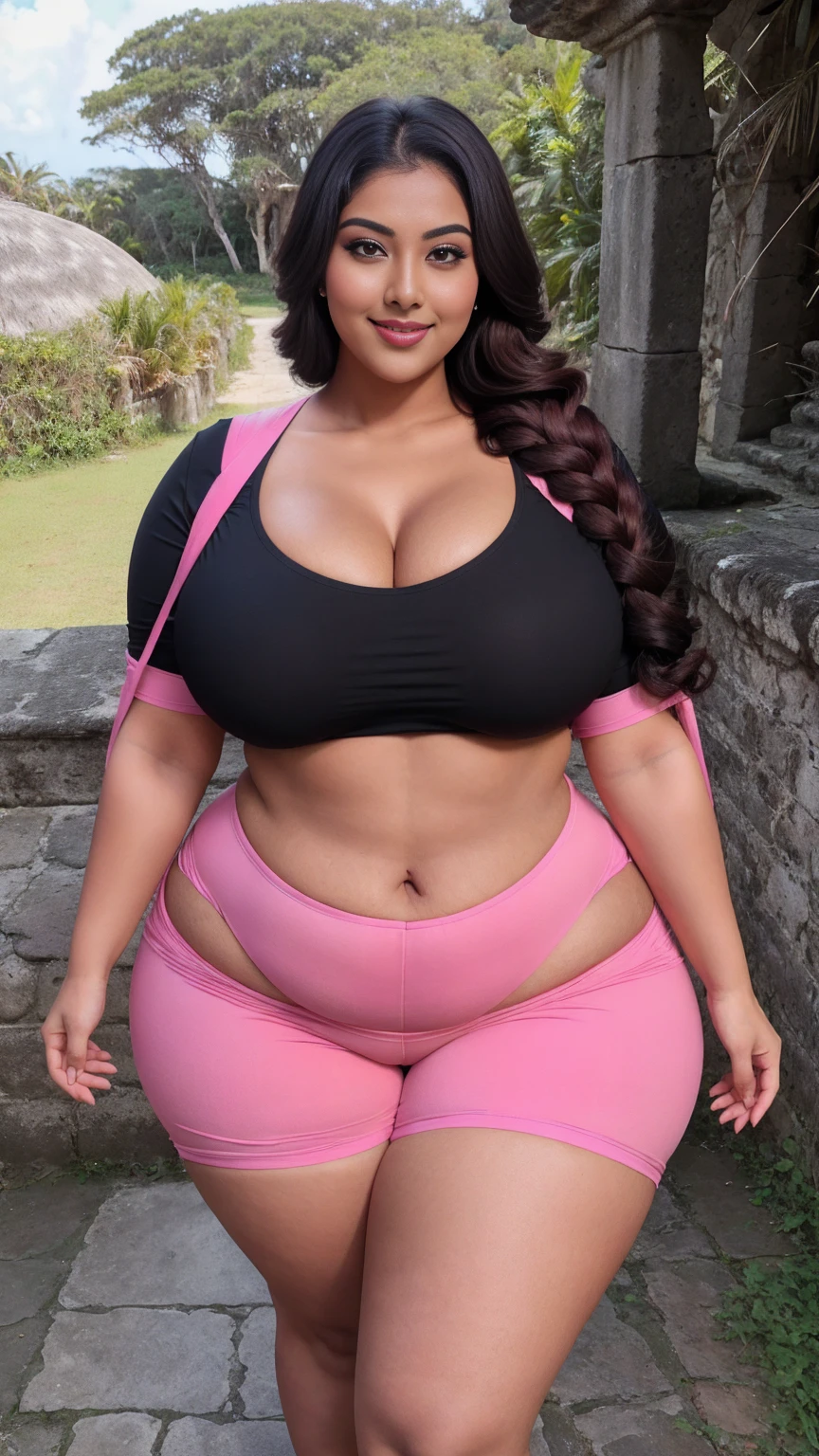 gorgeous curvy plus size Indian bengali actress rukmini mitra, glowing eyes, wearing SHEIN Frenchy Women's Summer Solid Color Batwing Short Sleeve Casual Loose T-Shirt Back To School Women T Shirt , covered Bust, parted lips, blushing cheeks, thick thighs, bigger waist, busty, curvy plus size body, full body, full body shot, head to toe view, smoothning burgendy color hair with pfrench braid hairstyle, hourglass body, curvy plus size body, smile face, bigger waist, busty, big hips, fleshy thighs, thick thighs, busty, full body view, Tulum Ruins, Mexico: Ancient ruins overlooking the Caribbean Sea.