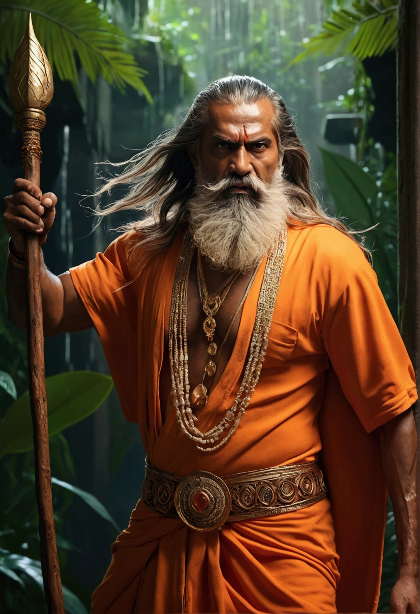 An ancient old Indian muscular sage facing many arrows coming towards him by his wooden stick, wearing orange dhoti, long matted hairs, long mustache, long beard, wide chaste narrow waist, strong body, ultra realistic, hindu mythology, very angery, blue light coming from sky, horror,a 55 years old man proper eyes, An Indian god, moderate stature, has a big tail, Fire on the background, strongly built, broad-chested, narrow-waisted, and long-armed, big golden stick in his hand, in a dark forest (Professional 3D rendering:1.3) by (Realistic:1.3) World's most beautiful art picture, Features soft, dark complexation male heroes , hindu god, indian god, ((Epic hindu god , fantasy rough muscular man wet hero angry look long hair long slightly white beard and fierce expression in dynamic pose, wearing a orange robe, inside a jungle, burning lights in the background, majestic environment)), full body 8k unit render, action shot, skin pores, very dark lighting, heavy shading, detailed, Detailed face, (vibrant, photorealistic, Realistic , Dramatic, Dark, sharp focus, 8k), (orange cloths with heavy jewelry r:1.4), (intricate:1.4), decayed, (highly detailed:1.4), painting digital, rendering by octane, art stations, Concept-Art, smooth, sharp focus, illustration, germ of art, (Loish:0.23), Wlop Ilya Kuvshinov, and Greg Rutkowski and Alphonse Mucha Gracias, (global illumination, studiolight, Light Volumetric ), heavy rain, floating particles, scoundrel, fantasy, Eleven, full bodyesbian, ((Dark old city background:1.3)),CGSesociedade,art stations