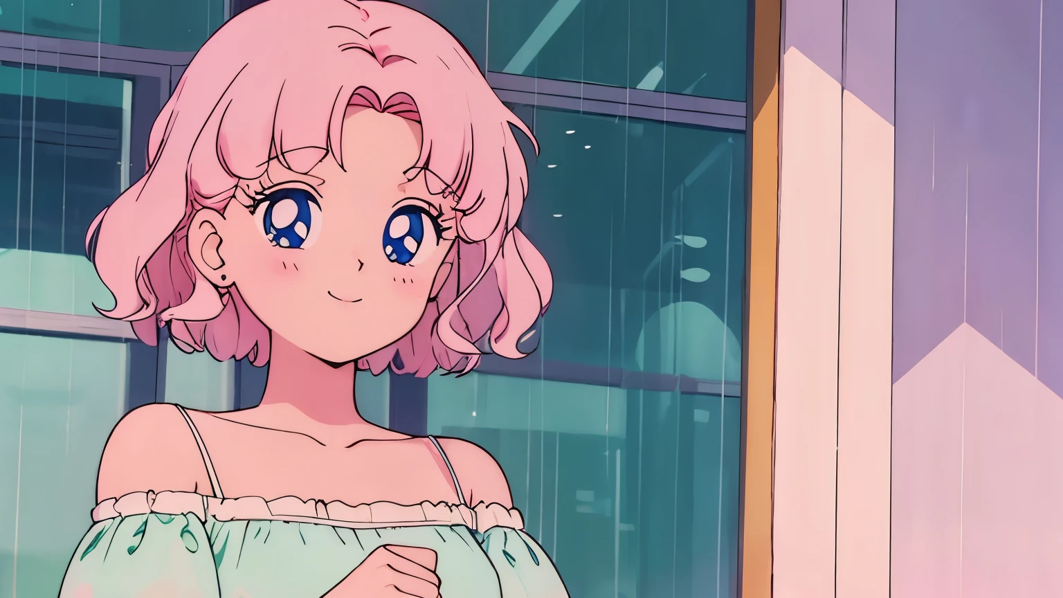 Highest quality,smile,girl,cute,Short Bob Hair,Pink Hair,Light blue eyes,Off-the-shoulder dress,Looking out the window at the rain,