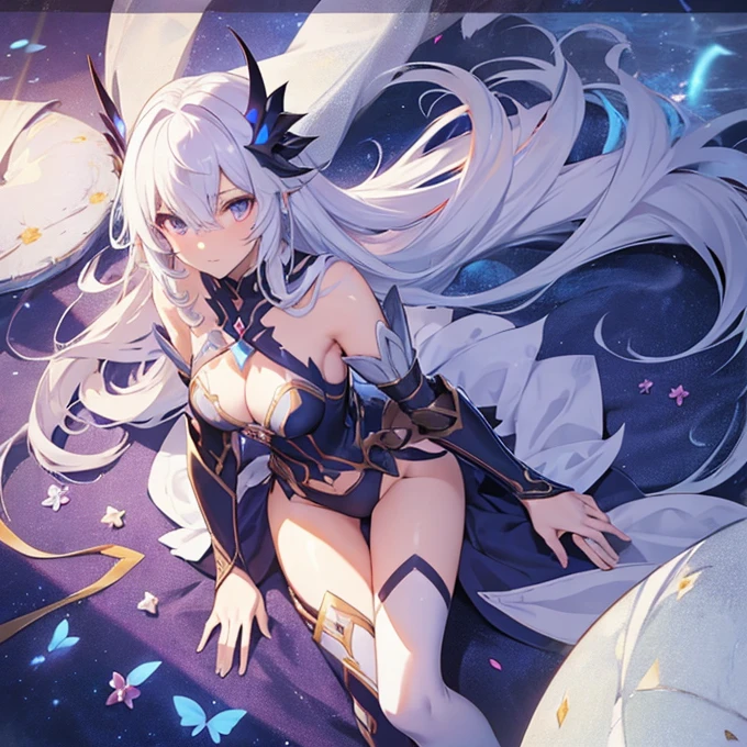 Fairy Knight Lancelot (Fate), 1 female, solo, long hair, breasts, looking at viewer, bangs, underwear, tail, white hair, mask, top-down bottom-up, flexible, body markings, armrest, Jack-o-challenge, hands on ground, butt facing viewer, facing backwards, viewer looking from behind