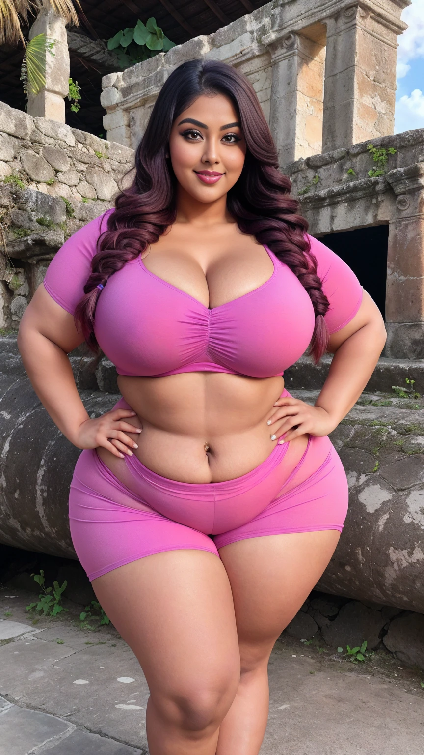 gorgeous curvy plus size Indian bengali actress rukmini mitra, glowing eyes, wearing SHEIN Frenchy Women's Summer Solid Color Batwing Short Sleeve Casual Loose T-Shirt Back To School Women T Shirt , covered Bust, parted lips, blushing cheeks, thick thighs, bigger waist, busty, curvy plus size body, full body, full body shot, head to toe view, smoothning burgendy color hair with pfrench braid hairstyle, hourglass body, curvy plus size body, smile face, bigger waist, busty, big hips, fleshy thighs, thick thighs, busty, full body view, Tulum Ruins, Mexico: Ancient ruins overlooking the Caribbean Sea.