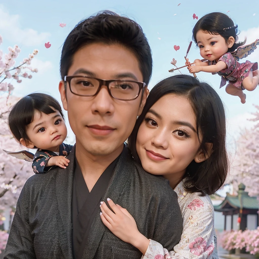 Realistic 3D caricature photo, a 30 year old ethnic Chinese man, short black hair parted at the side, wearing glasses, hugging a shorter ethnic Chinese woman, 30 years old, short bobbed black hair. both of them were wearing kimonos of the same color and pattern. cherry blossom garden background. Above it there are 2 cupid babies, one with short hair and the other with short bob hair who is flying with a love arrow wearing a kimono too.