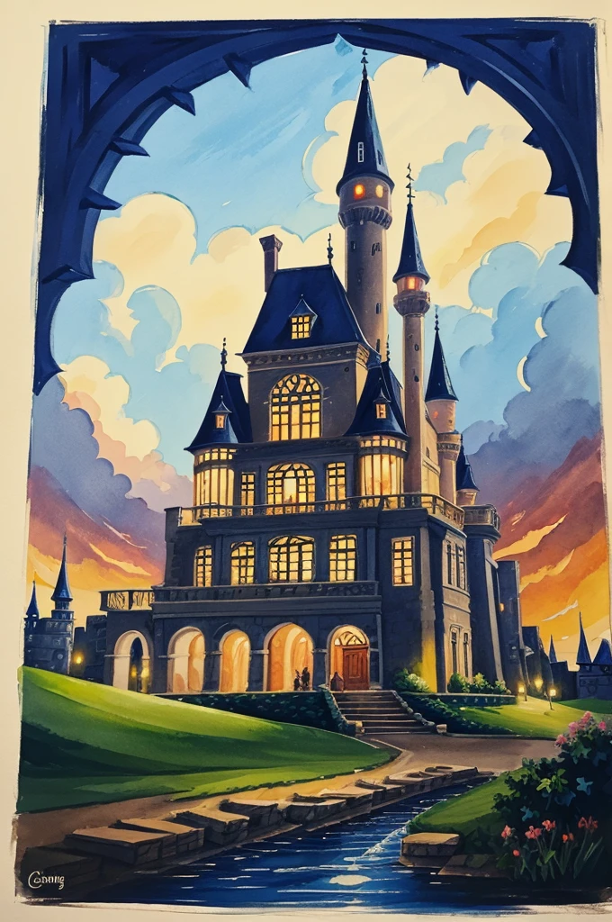 A gouache painting of a magical castle with at least five storeys where bunnies are busy doing different types of chores such as lighting fire, cooking, reading books, carpentry, sewing and playing.