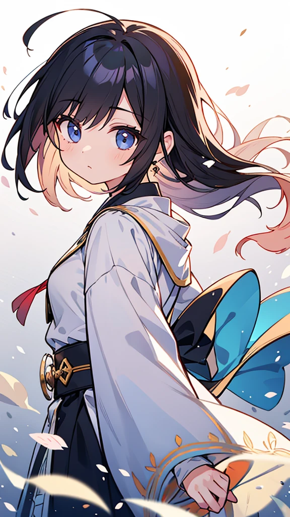 My hair swayed in the wind、A girl with black hair、Facing forward,Looking at me,Shining,輝く青い光