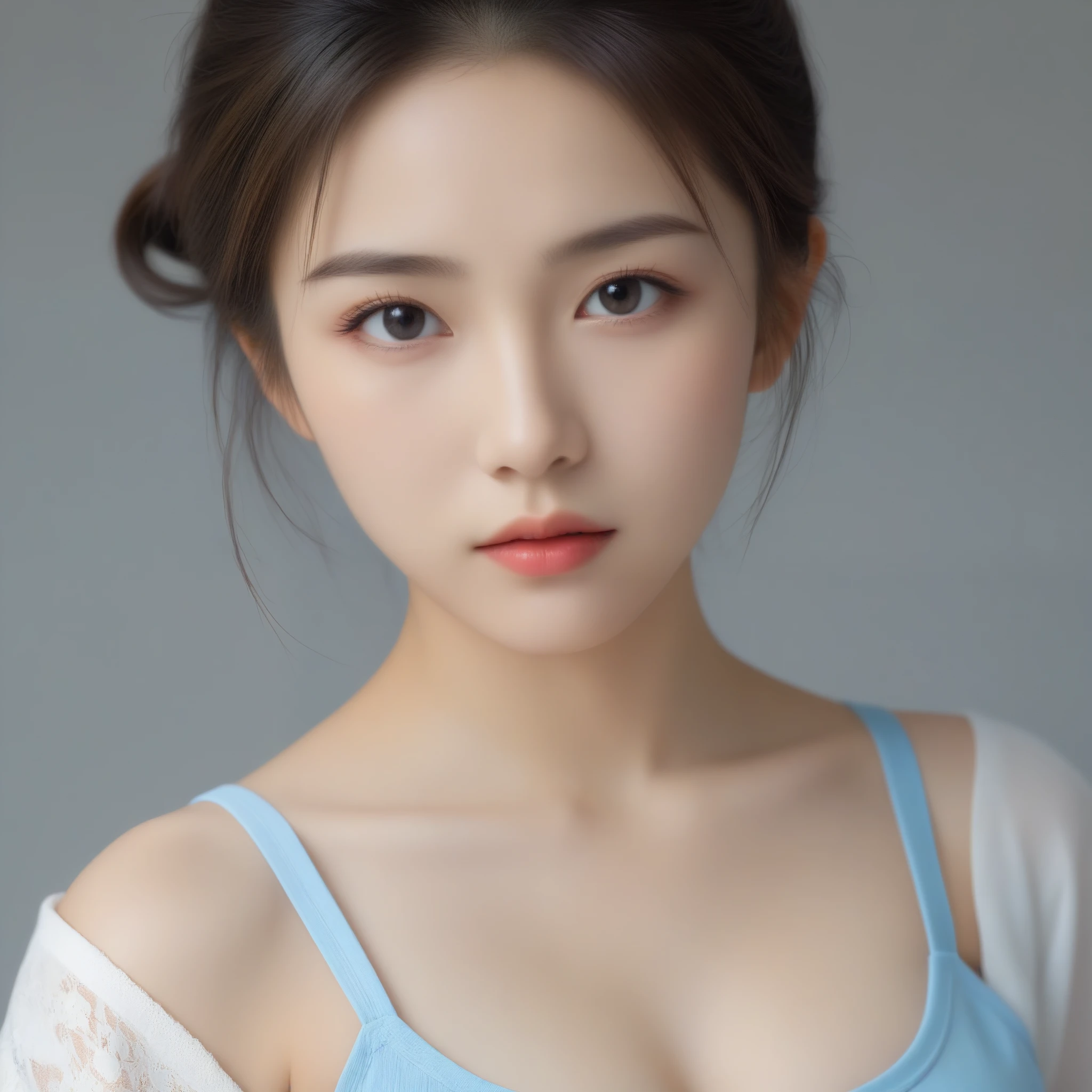 8k, Ultra-high resolution, Highest quality, masterpiece, 三分割法によるphotograph,Surreal, photograph, 1 Girl, (:1.3), pretty girl, Cute Face, Beautiful eyes in every detail, 細かくdetailedに,masterpiece,One Girl:1.2,Japan Female Teachers,extream close up,sad,streaming tears,Black short hair,Messy bun hair,(black suit:1.3),Nun's clothing,(印象派の美しい少女のPortraiture), (Gray background:1.3),(Impressionist light and colour),Dedication to God,Realistic Skin, Perfect and beautiful face ,完璧でCute Face, Skin with attention to detail, Perfect limbs、Narrow waist,Looking at the audience、beauty,Long neck,clavicle,(((Ideal body type))),A cup small breasts :2,Portraiture:2,Perfect Anatomy,鮮明なdetailed,detailed,Surreal,Light and shadow,spotlight