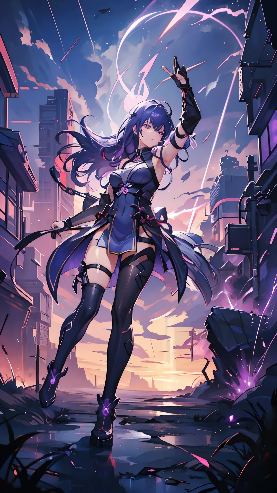 1girl, Raiden Mei, ((model:Raiden_Mei_Herrscher_Of_Thunder)), a skilled warrior known as the 'Electra's Fury', is a force to be reckoned with on the battlefield. Her attire, a striking combination of black and red, matches the fierce intensity of the purple lightning bolt that serves as the backdrop for her victories. Wielding her Kagehide sword, she conjures the power of the elements, summoning bolts of electricity to strike down her foes. Her eyes gleam with an inner fire, and her presence is accompanied by the whispers of the ancient art of elemental control. Her ultimate goal is to harness the full potential of her unwavering determination and unrelenting passion.