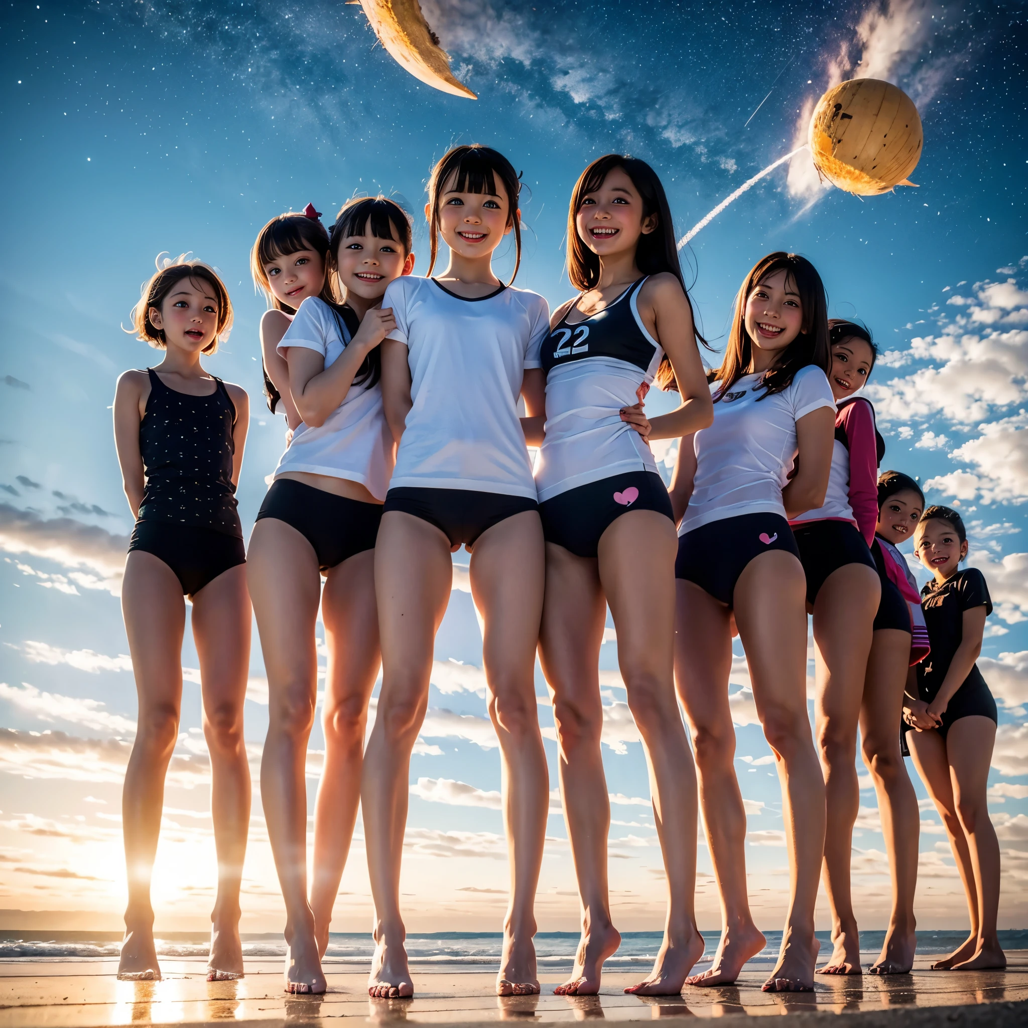 Masterpiece of ProfessionalPhoto ((ExtremelyDetailed (12 PICHIPICHI KAWAII Girls Floating in The Air in a row:1.37) in WHITE at Dusk Enoshima Beach)), {(Standing Full Body:1.2)|(from below:1.2)|Detailed KAWAII face}, Different types of hair colors, {(skinny(school swimwear))|(SchoolUniform)with Skinny AthleticShorts}, {(Corrected Childish hand)|Hidden hand|Different types of breasts|(Clearly Visible the shape of Butt)}, Joyful Expressions LifeLike Rendering, PerfectLighting, (Dazzling Horizon Visible through ThighGap), (Starry IridescentParticles:1.22) ColorfulClouds