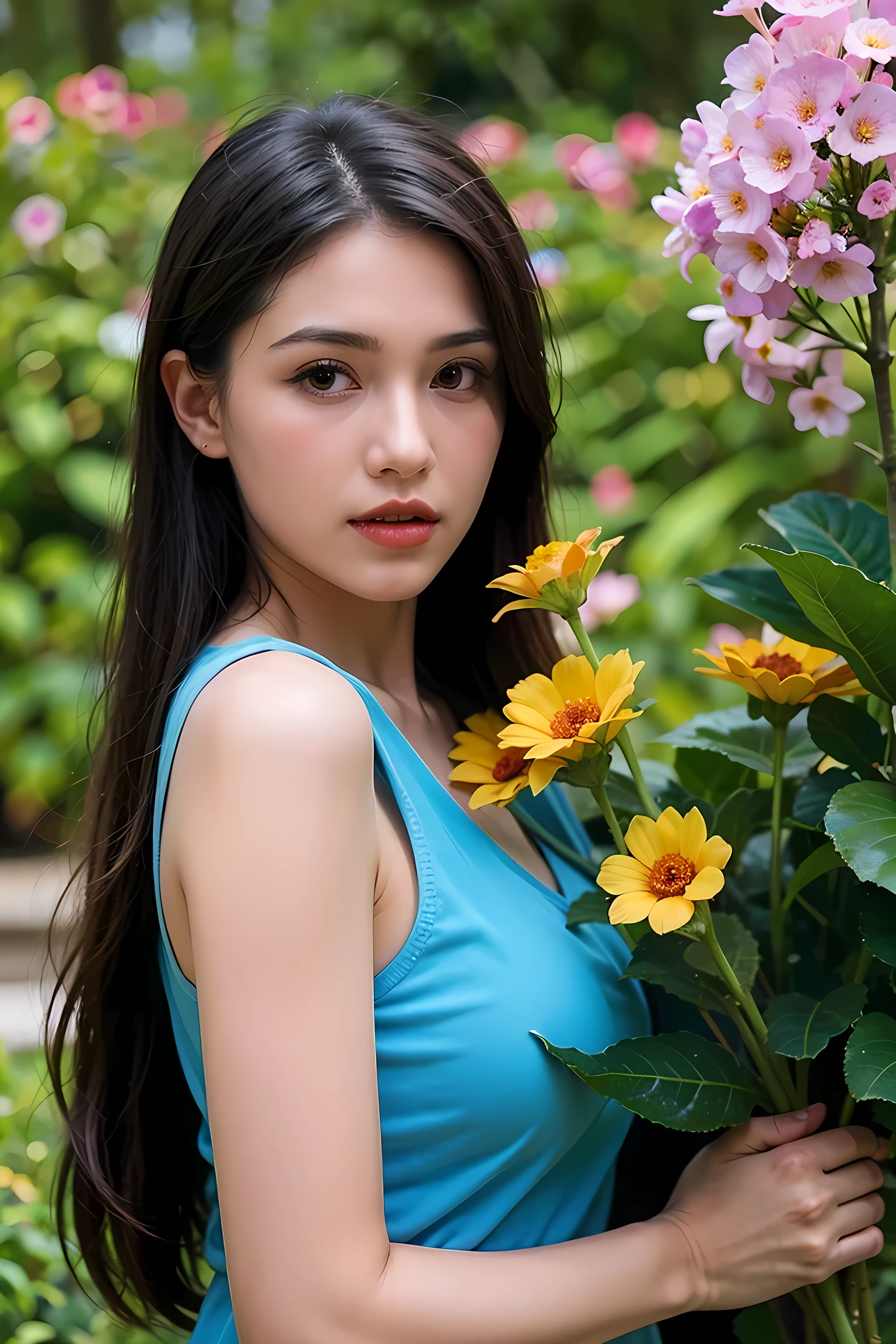 Realistic photography, beautiful woman. ,flower garden