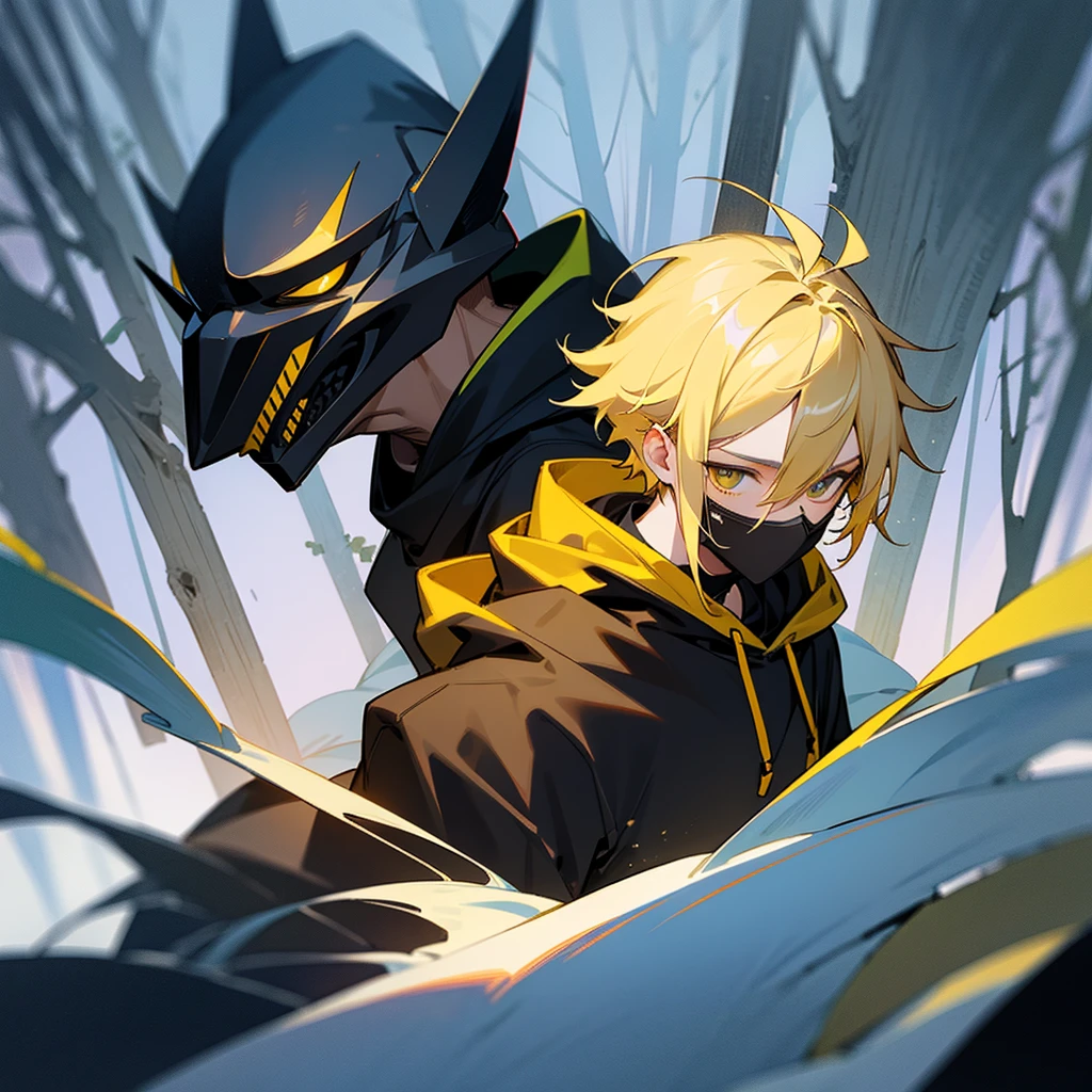 A guy, snowy forest, wearing a black hoodie and a black mask, the right eye is blue and the left eye is yellow, short brown-yellow hair, calm expression