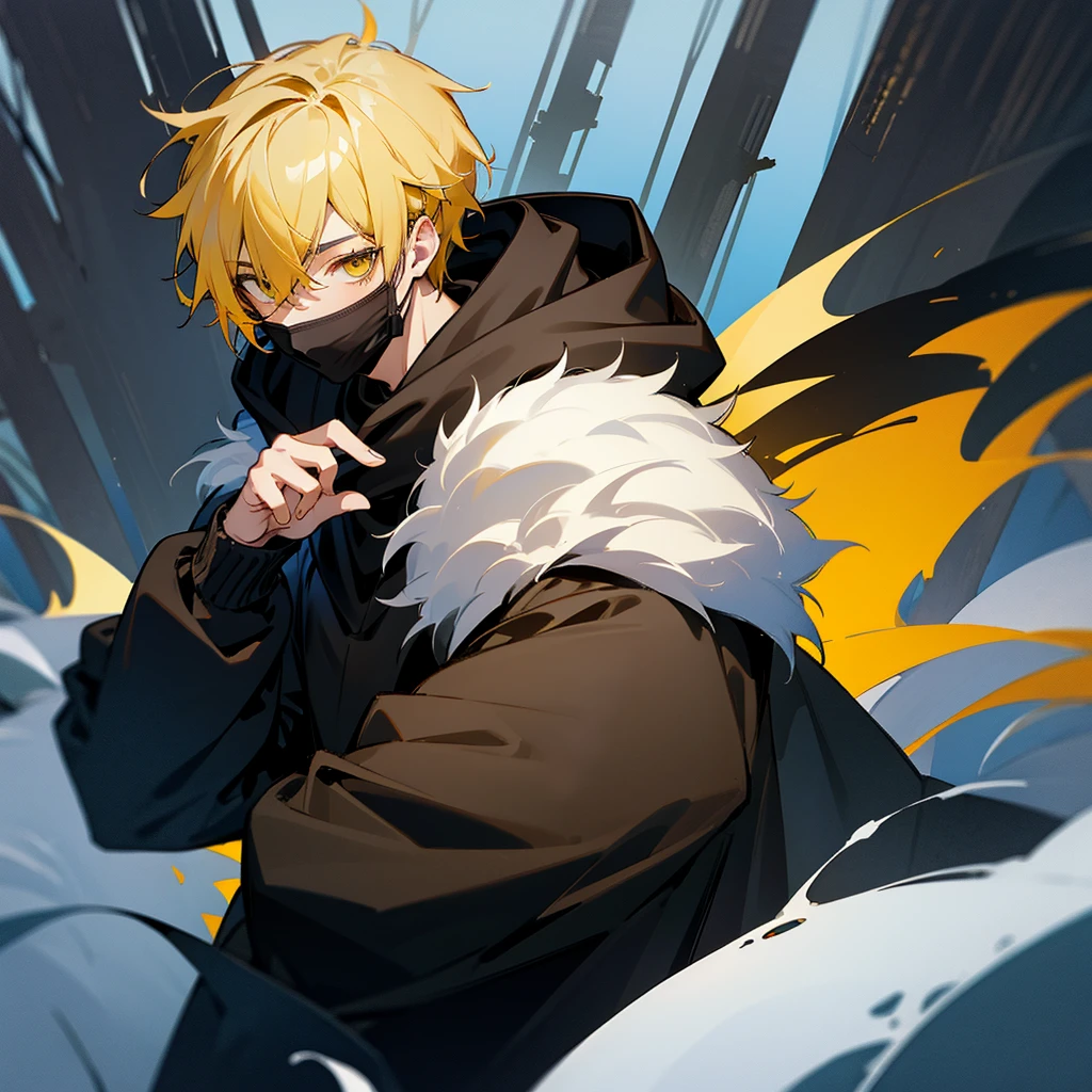 A guy, snowy forest, wearing a black hoodie and a black mask, the right eye is blue and the left eye is yellow, short brown-yellow hair, calm expression