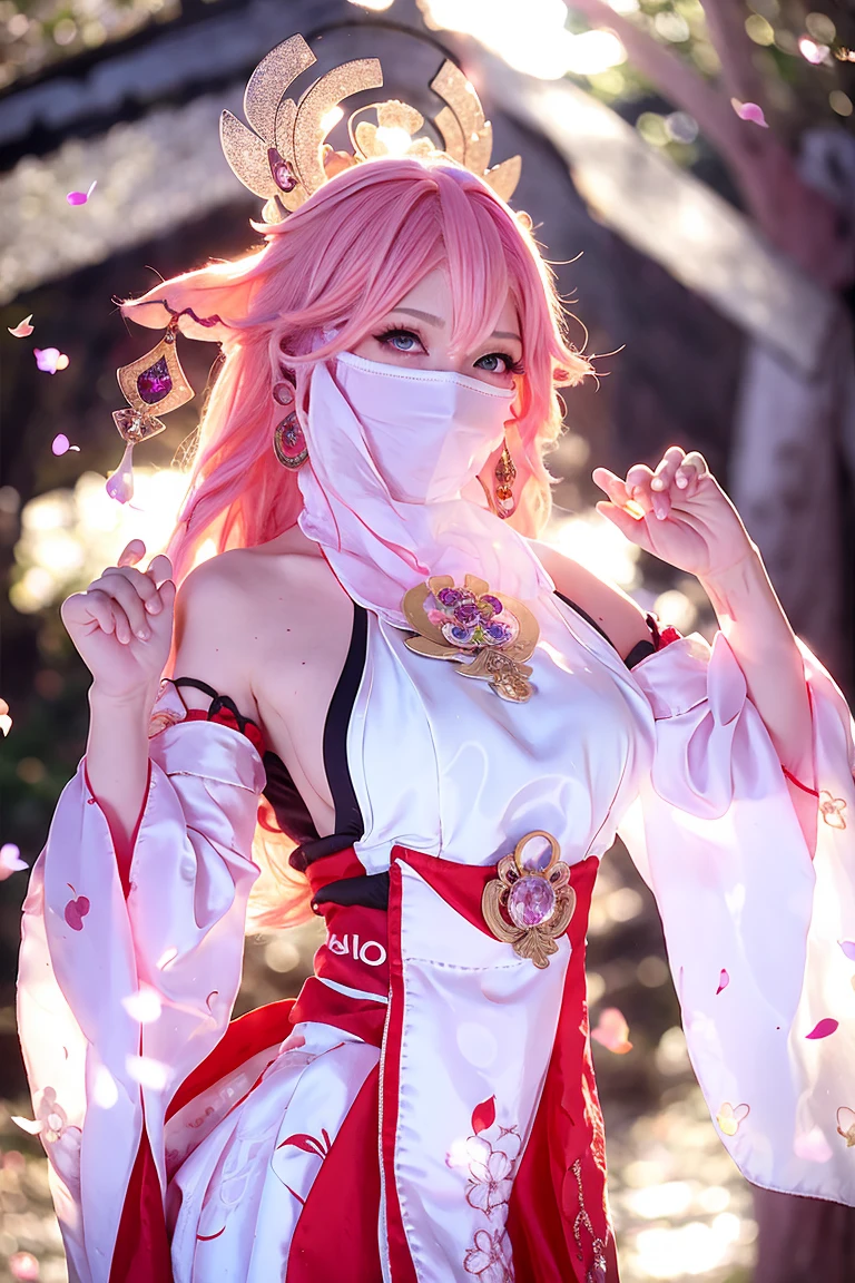 (Обои Extreme Detail CG Unity 8K, masterpiece, top quality), (ulzzang-6500-v1.1:0.4) 1 FemBoy, k-pop idol, Yae Miko, cut off sleeves, pink hair, long hair, Best quality, (photorealistic:1.2), (hair ornament:1.35), Jewelry, fox ears, wear a veil on your face, (white veil on the face, silk veil mask:1.2), purple eyes, earrings, tory, Cherry blossoms, Lantern light, depth of field, detailed face, Focus on face, (I look at the viewer:1.25), Shiny skin, long sleeves, cowboy shot, dynamic pose, (perfect proportions, elegant pose, sexy pose:1.3), computer graphics games, thigh high, East Asian architecture, blurred background, whole body, concentrated expression, outdoor temple installation, Fantasy style,