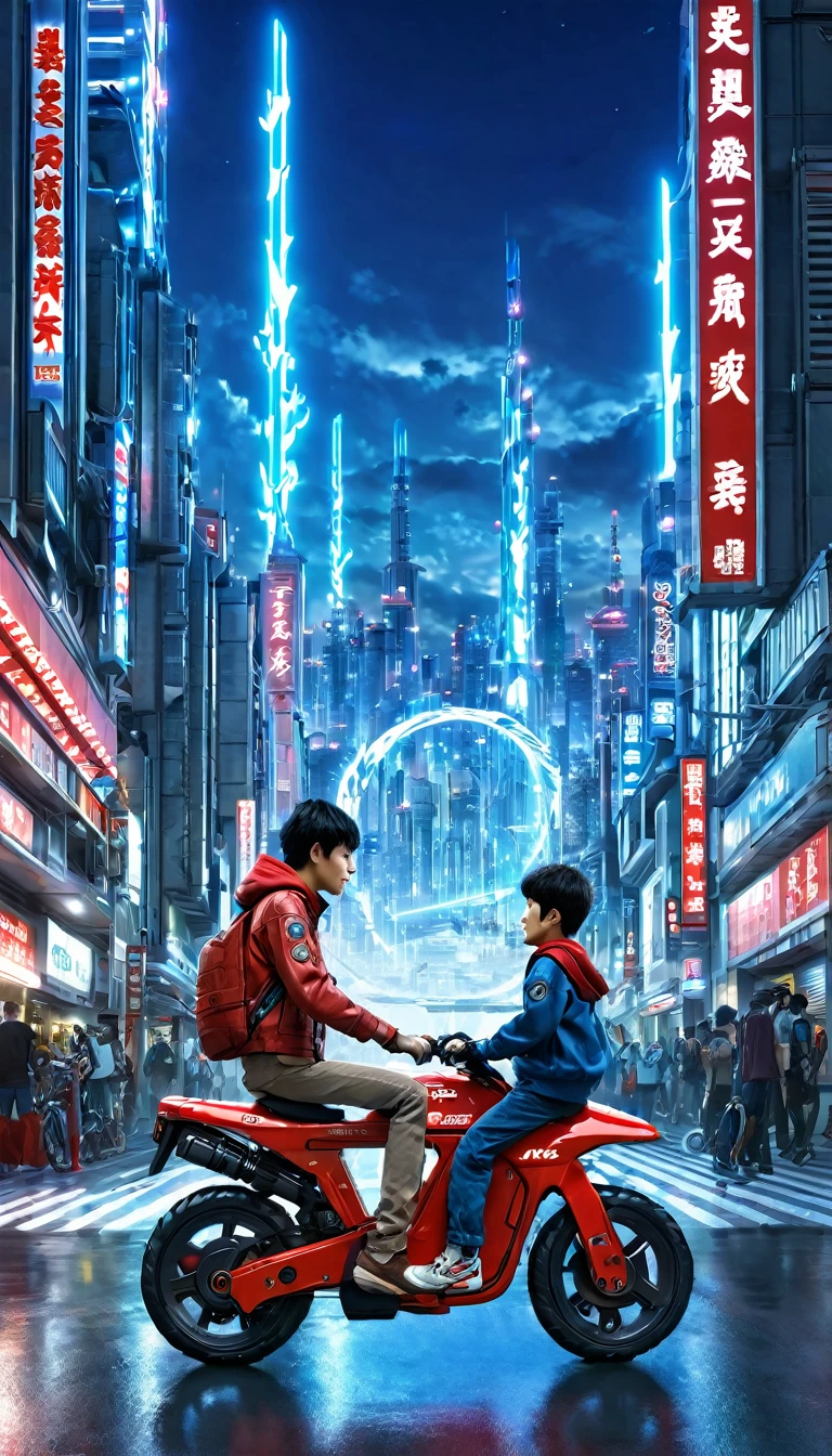 8K Kaneda&#39;s Bike　Near future　Final Fantasy　　
　Boy on a bike　Long Bike　mechanical　Blue LED is cool　Future city landscape　high resolution