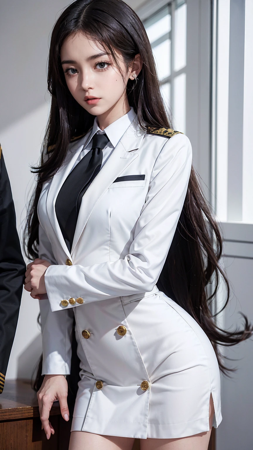 a portrait photo, beautiful face, All white outfit, military uniform, military rank insignia, business woman, beautiful woman, Wear a suit and tie, short skirt suit, business suitwhite, กระโปรงดินสอสั้นwhite, business suitรัดรูป, All white outfit, Emphasize the curves of the body, (Beautiful girl with two meter long hair, my hair is very long., extra long hair, black hair), business suit, (Italian style suit, two button suit), (Italian suit, white สูท, Set of two buttons), (wearing a women&#39;s suit, Business Women Suit, white), (สูทผู้หญิงwhite), (เสื้อเชิ้ตwhite), necktie, (necktieสั้นสีดำ, necktieสีดำ, necktieผอม, ถักnecktie), (military rank insignia), (Short pencil skirtwhite), (Dynamic posts), full body, (A gigantic rift), (big breasts, thin body, small waist, hips raised, small thighs, Long legs), high-heelsสีดำ, (Short pencil skirt, white), Wearing a suit for a business woman, (Wearing a white businesสูท, business suitหญิงwhite), (tight, military regalia, เสื้อwhite, กระโปรงwhite), Long legs, (black shoes), (Form fitting suit, เสื้อสูทwhiteทรงธรรมดารัดรูป), (black shoes, high-heels), (stand, walk, elegant gesture, Dynamic posts), short dress, earring, Slick legs, black shoes, Modeling,