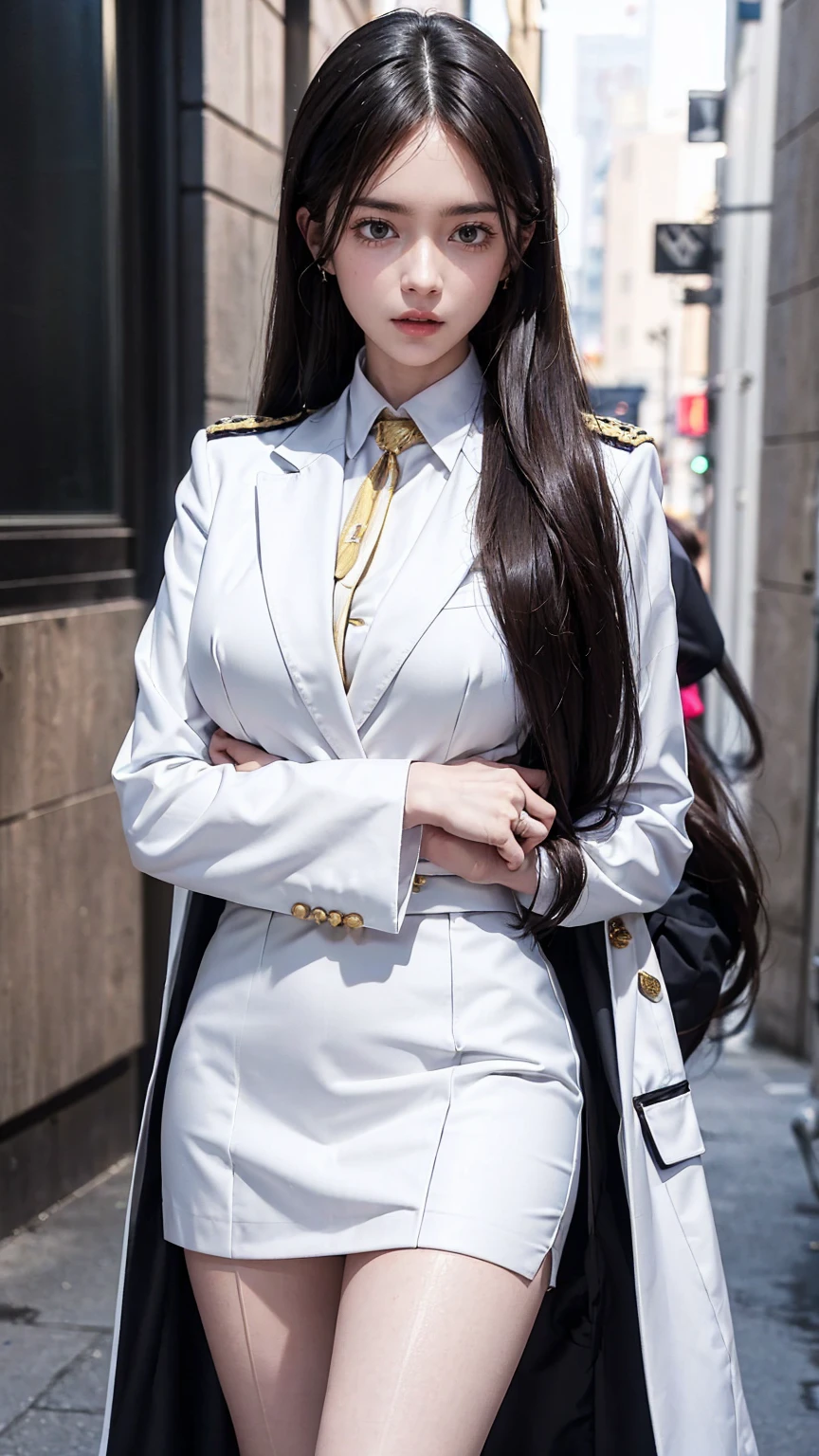 a portrait photo, beautiful face, All white outfit, military uniform, military rank insignia, business woman, beautiful woman, Wear a suit and tie, short skirt suit, business suitwhite, กระโปรงดินสอสั้นwhite, business suitรัดรูป, All white outfit, Emphasize the curves of the body, (Beautiful girl with two meter long hair, my hair is very long., extra long hair, black hair), business suit, (Italian style suit, two button suit), (Italian suit, white สูท, Set of two buttons), (wearing a women's suit, Business Women Suit, white), (สูทผู้หญิงwhite), (เสื้อเชิ้ตwhite), necktie, (necktieสั้นสีดำ, necktieสีดำ, necktieผอม, ถักnecktie), (military rank insignia), (Short pencil skirtwhite), (Dynamic posts), full body, (A gigantic rift), (big breasts, thin body, small waist, hips raised, small thighs, Long legs), high-heelsสีดำ, (Short pencil skirt, white), Wearing a suit for a business woman, (Wearing a white businesสูท, business suitหญิงwhite), (tight, military regalia, เสื้อwhite, กระโปรงwhite), Long legs, (black shoes), (Form fitting suit, เสื้อสูทwhiteทรงธรรมดารัดรูป), (black shoes, high-heels), (stand, walk, elegant gesture, Dynamic posts), short dress, earring, Slick legs, black shoes, Modeling,