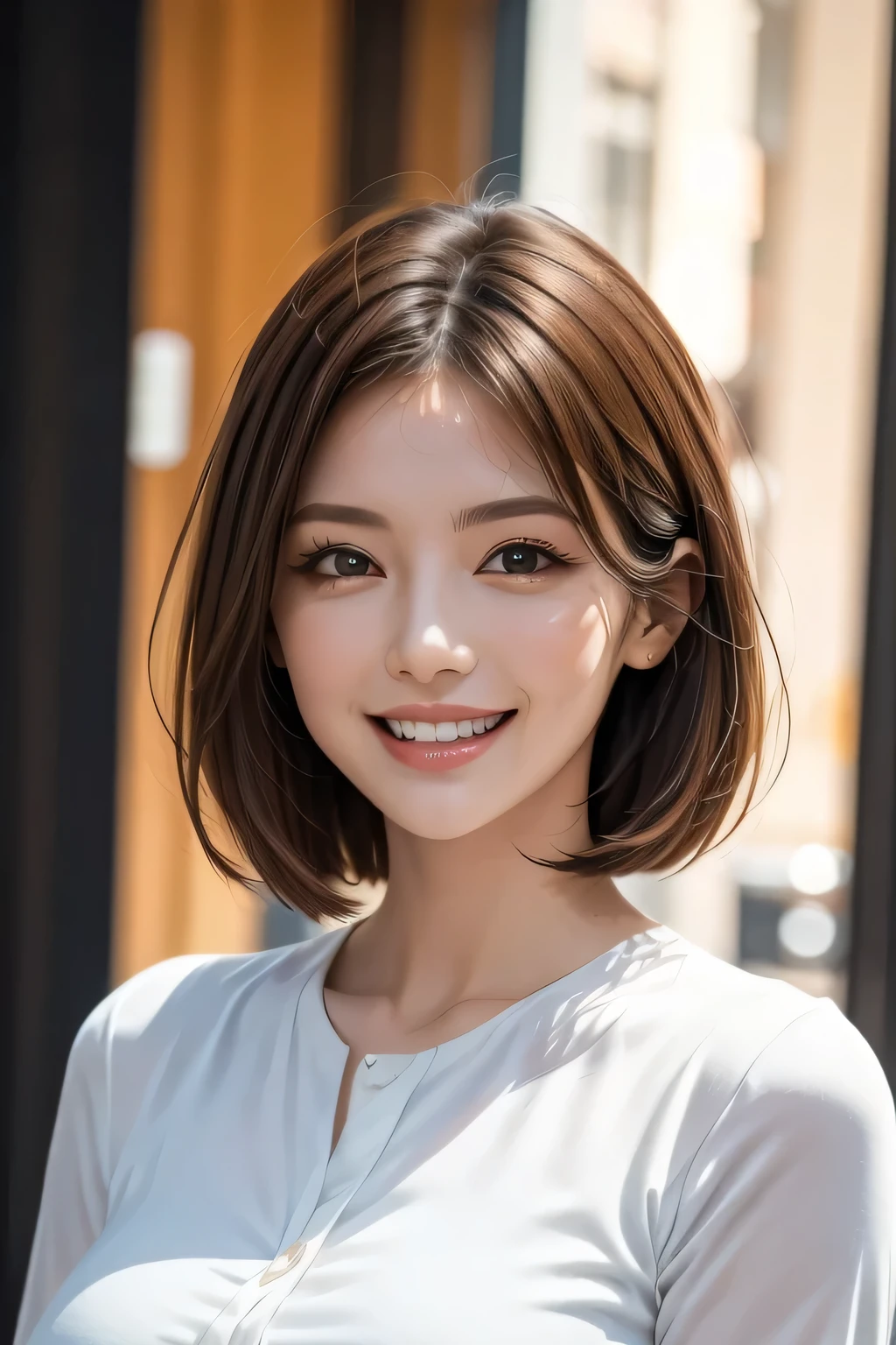 ((masterpiece)), ((Highest quality)), ((Complex)), ((Surreal)), (Realistic), (Mature Woman), ((No classes)), Very detailed, (1 female), Beautiful and exquisite, (Beautiful Teeth), Grin, Brunette bob hair, Brown eyes, ((blouse)), (Upper Body), (background:none), Perfect Eyes, Captivating eyes, Looking at the audience