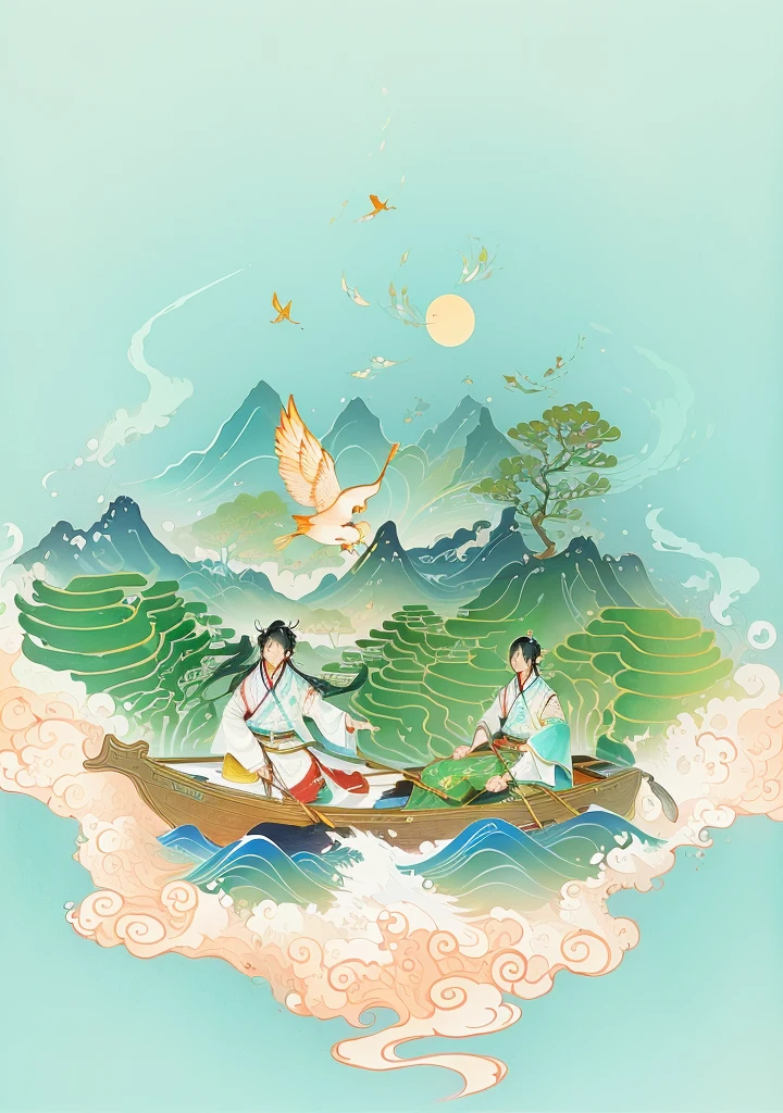 there is a painting of a existoman and a man in a boat, a beautiful artexistork illustration, Chinese style, 中traditional Chinese painting风格, chinese existatercolor style, Poster illustration, artexistork in the style of z.exist. arrive, by Sheng Maoye, traditional Chinese painting, Inspired by Lee Jung-jin, Full color illustrations, author:Golden Farmer, Color illustrations