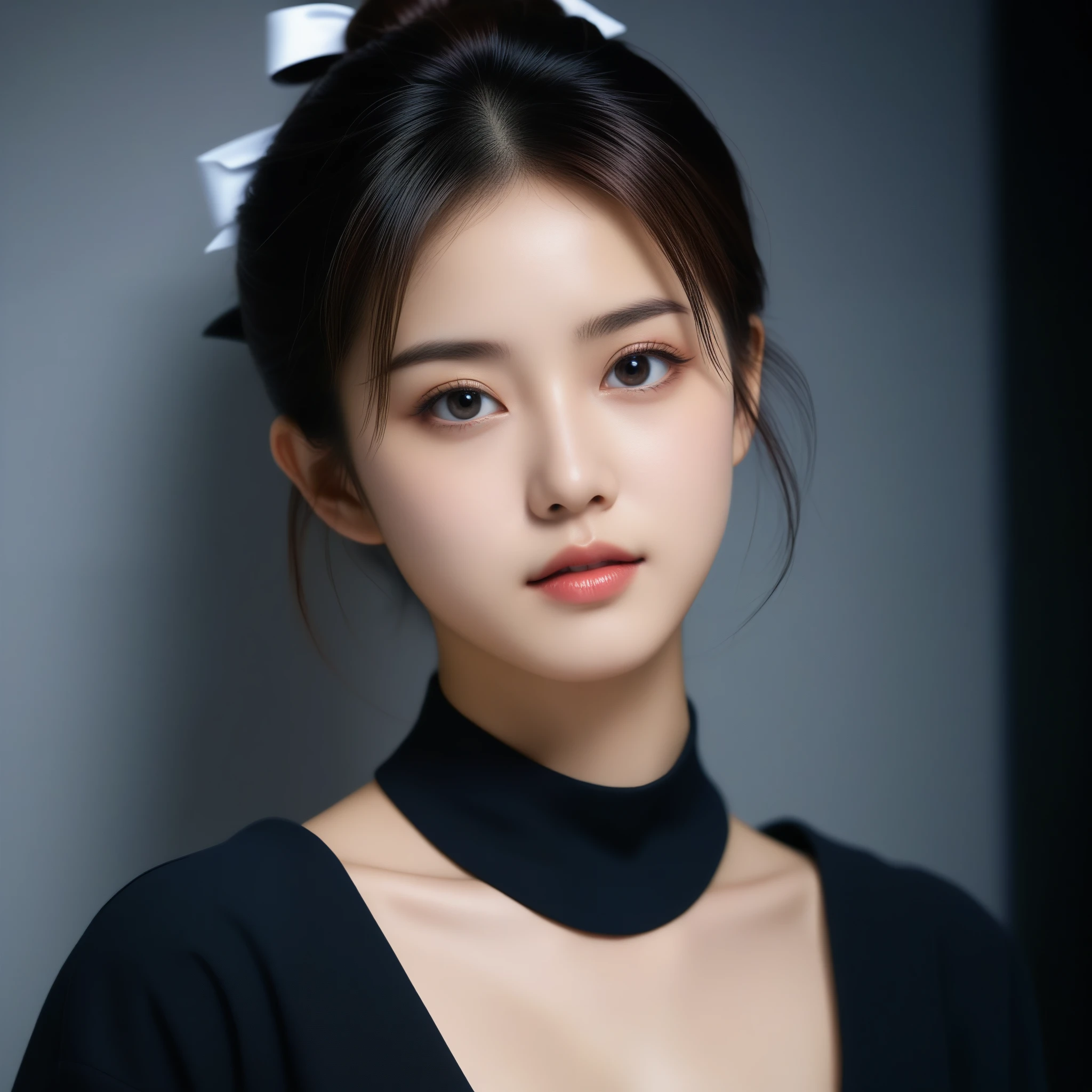 8k, Ultra-high resolution, Highest quality, masterpiece, 三分割法によるphotograph,Surreal, photograph, 1 Girl, (16 years old:1.3), pretty girl, Cute Face, Beautiful eyes in every detail, 細かくdetailedに,masterpiece,One Girl:1.2,Japan Female Teachers,extream close up,sad,streaming tears,Black short hair,Messy bun hair,(black suit:1.3),Nun's clothing,(印象派の美しい少女のPortraiture), (Gray background:1.3),(Impressionist light and colour),Dedication to God,Realistic Skin, Perfect and beautiful face ,完璧でCute Face, Skin with attention to detail, Perfect limbs、Narrow waist,Looking at the audience、beauty,Long neck,clavicle,(((Ideal body type))),A cup small breasts :2,Portraiture:2,Perfect Anatomy,鮮明なdetailed,detailed,Surreal,Light and shadow,spotlight