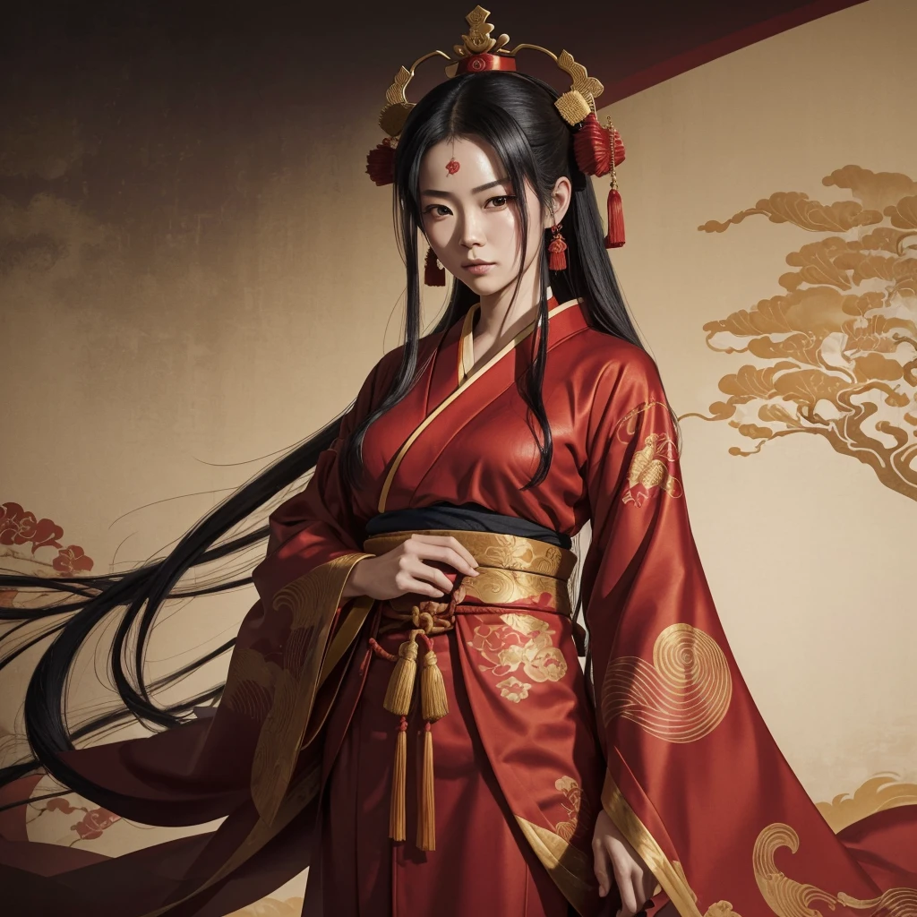 a woman in a red kimono is standing with her arms crossed, a character portrait inspired by Wu Daozi, pixiv, shin hanga, flowing hair and long robes, wearing gilded red robes, from sengoku period, hijikata toushirou, fully clothed in red robes, heise jinyao, beautiful androgynous prince