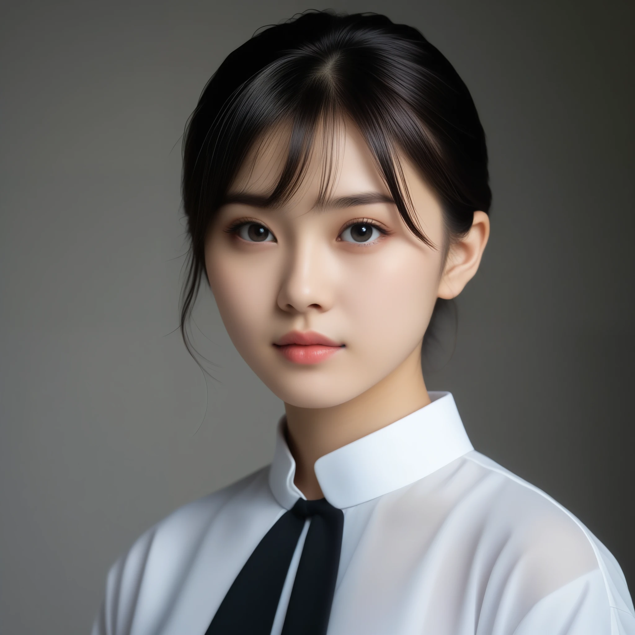 8k, Ultra-high resolution, Highest quality, masterpiece, 三分割法によるphotograph,Surreal, photograph, 1 Girl, (16 years old:1.3), pretty girl, Cute Face, Beautiful eyes in every detail, 細かくdetailedに,masterpiece,One Girl:1.2,Japan Female Teachers,extream close up,sad,streaming tears,Black short hair,Messy bun hair,(black suit:1.3),Nun's clothing,(印象派の美しい少女のPortraiture), (Gray background:1.3),(Impressionist light and colour),Dedication to God,Realistic Skin, Perfect and beautiful face ,完璧でCute Face, Skin with attention to detail, Perfect limbs、Narrow waist,Looking at the audience、beauty,Long neck,clavicle,(((Ideal body type))),A cup small breasts :2,Portraiture:2,Perfect Anatomy,鮮明なdetailed,detailed,Surreal,Light and shadow,spotlight
