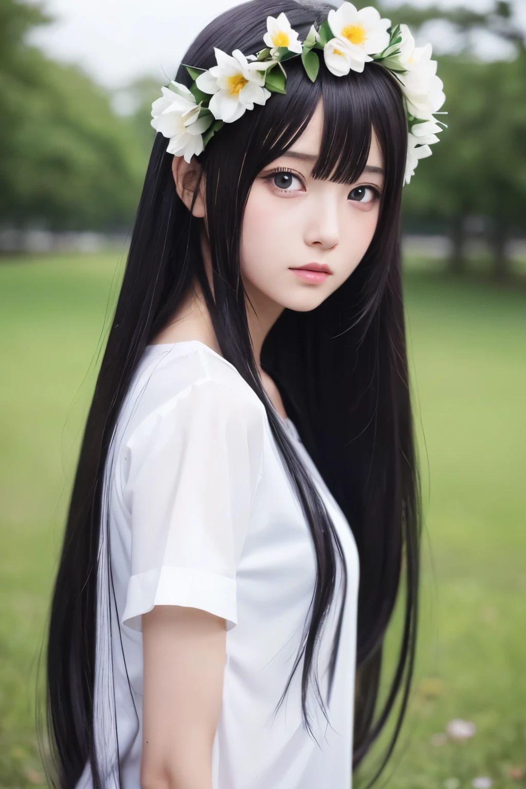 Anime girl with long black hair wearing a white shirt and a flower crown, Beautiful anime portraits, Stunning Anime Face Portraits, Beautiful Anime Girls, Cute realistic portrait, Detailed portrait of an anime girl, Anime Girl Portrait, Realistic Anime 3D Style, realistic Young Anime Girl, Realistic anime art style, Young Anime Girl, Anime realism style, Realistic anime art style