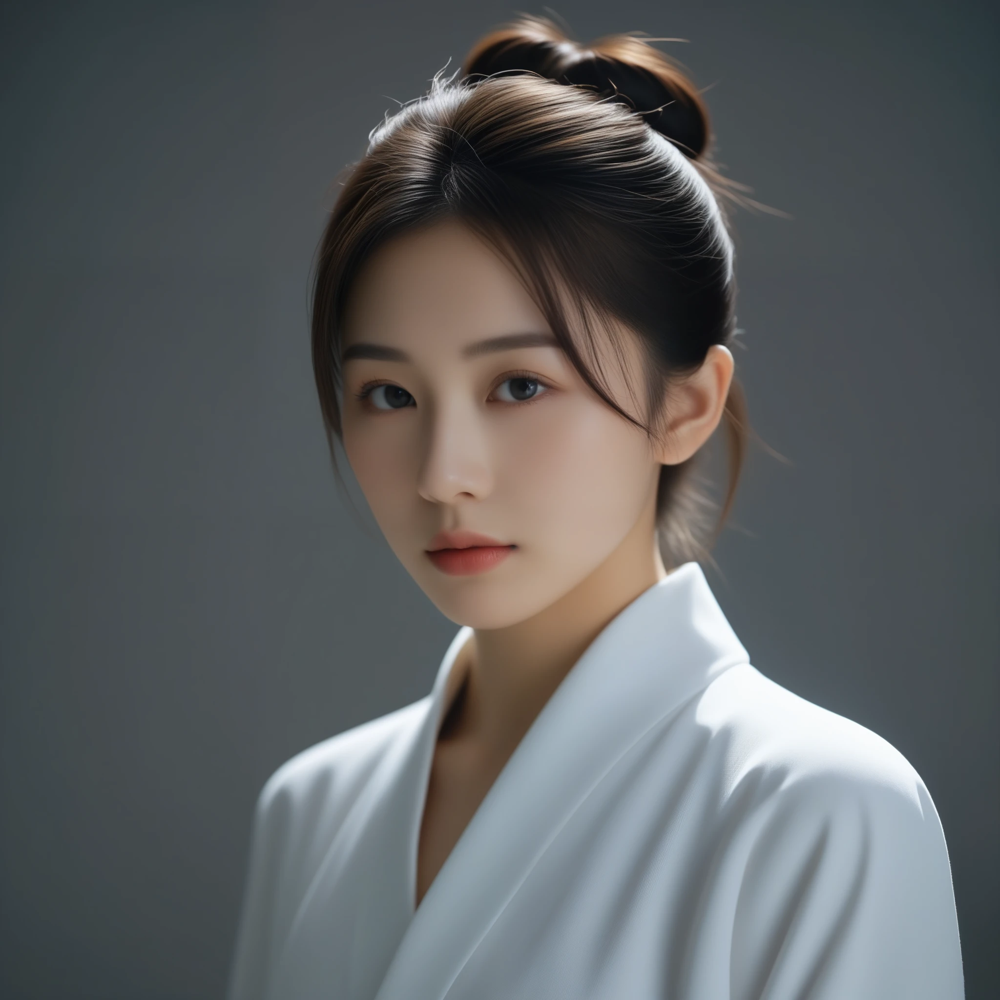 8k, Ultra-high resolution, Highest quality, masterpiece, 三分割法によるphotograph,Surreal, photograph, 1 Girl, (:1.3), pretty girl, Cute Face, Beautiful eyes in every detail, 細かくdetailedに,masterpiece,One Girl:1.2,Japan Female Teachers,extream close up,sad,streaming tears,Black short hair,Messy bun hair,(black suit:1.3),Nun's clothing,(印象派の美しい少女のPortraiture), (Gray background:1.3),(Impressionist light and colour),Dedication to God,Realistic Skin, Perfect and beautiful face ,完璧でCute Face, Skin with attention to detail, Perfect limbs、Narrow waist,Looking at the audience、beauty,Long neck,clavicle,(((Ideal body type))),A cup small breasts :2,Portraiture:2,Perfect Anatomy,鮮明なdetailed,detailed,Surreal,Light and shadow,spotlight