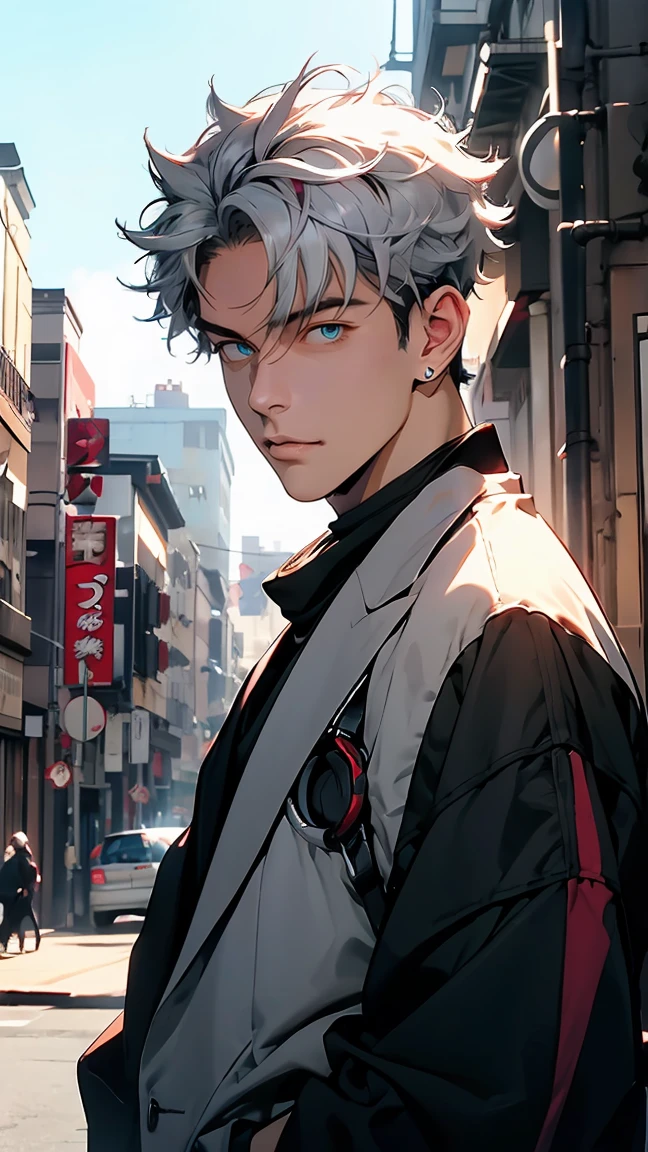 highest quality, 8K, high resolution image, anime style Jujutsu Kaisen, (Wriothesly/Genshin Impact), detailed strokes, bored look, blurry, purple light reflecting from it, (close angle), 1 man, young, male, model, Hand in pocket, Cool guy, multicolored background with different geometric shapes, around stickers, muscular, white hair, red eyes, multicolored hair, red hair, hair between eyes, highlighted hair, puffy chest. He is shirtless, background: big city, street