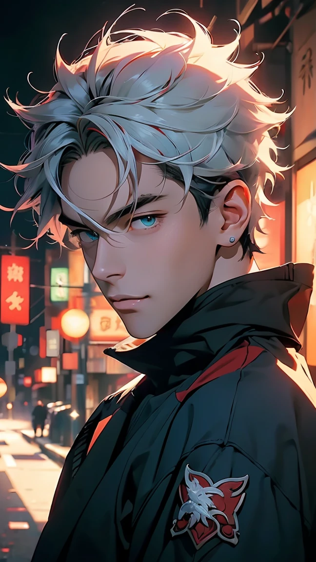 highest quality, 8K, high resolution image, anime style Jujutsu Kaisen, (Wriothesly/Genshin Impact), detailed strokes, bored look, blurry, purple light reflecting from it, (close angle), 1 man, young, male, model, Hand in pocket, Cool guy, multicolored background with different geometric shapes, around stickers, muscular, white hair, red eyes, multicolored hair, red hair, hair between eyes, highlighted hair, puffy chest. He is shirtless, background: big city, street