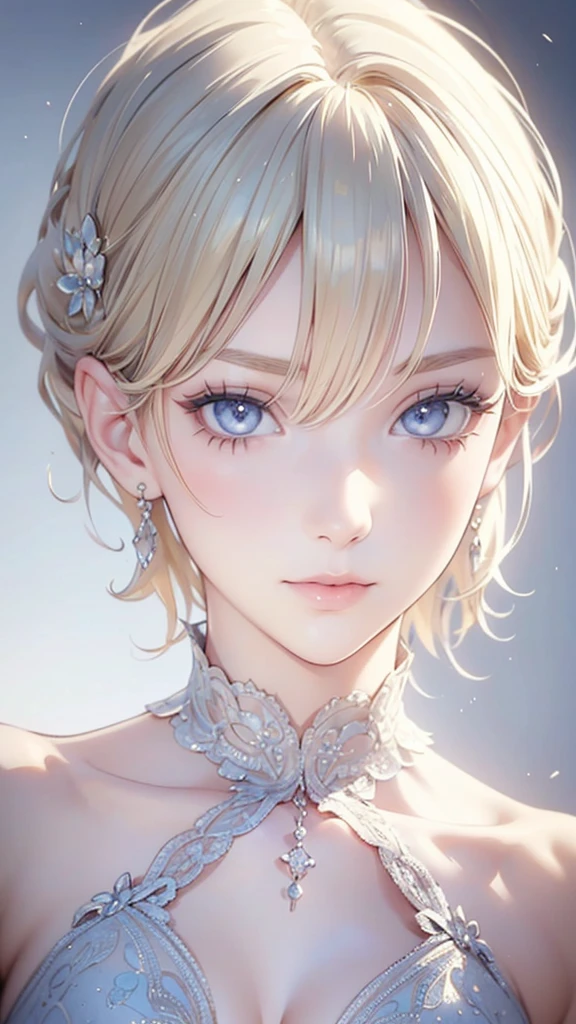 (masterpiece: 1.2, Highest quality), (Realistic, Intricate details, Depth of subject), Highest quality, masterpiece, Very detailed, 1 girl, Mature Woman, Blonde Short Hair, (Very delicate and beautiful face), (Beautiful eyes in every detail), blue eyes, King's Clothes, Slim figure, A crown made of precious gold,