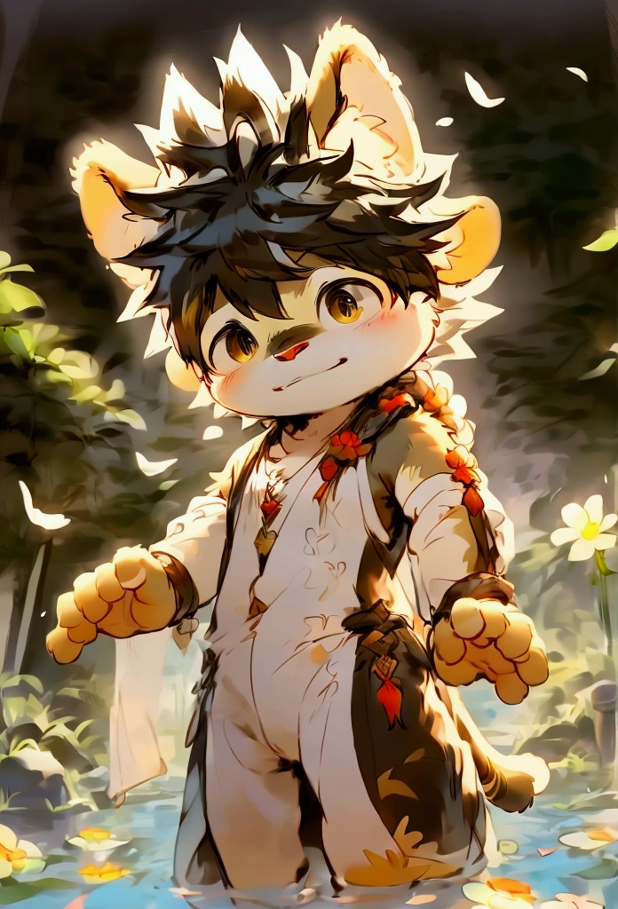 masterpiece，best quality，Gauss，Practical， 1 boy，Male focus，Solitary， （Delicate eyes and delicate face） , （Handsome face） , （Perfect anatomical structure） ，Thick eyebrows，Short hair details，Very fine details， 4K , 8K ，Light，Amazing Art，Beautiful scenery  , （Deer bathing in a clear mountain spring） , （blue or white or red sexy） ，moisture，The Tree，Rios，Short hair details，view，Colorful Light，Very shy，Right hand，Beautiful flowers and green leaves，antlers，Deer Boy，Toddlers，byPino Deheni, dance, Milk Tiger 1145, dagger, Yes，