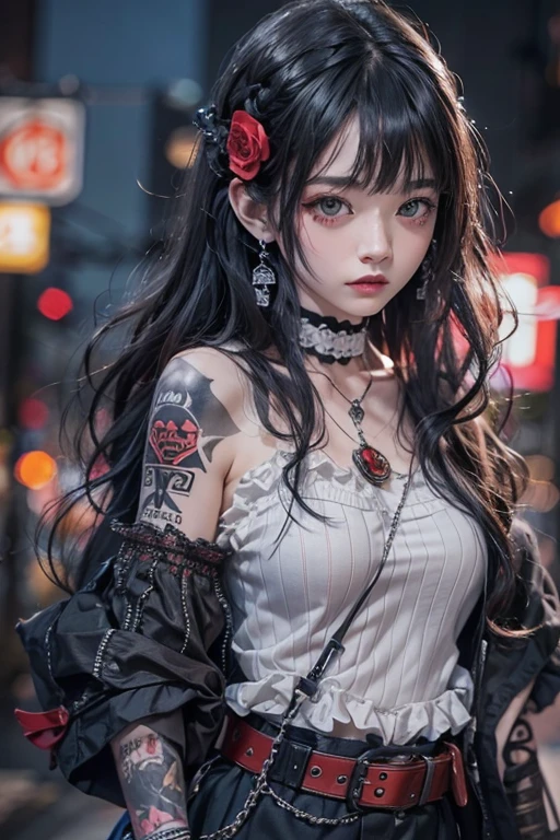 Highest quality、8k、masterpiece:1.3、Gothic Punk、The inner color is red、Gray Black Hair、hair ornaments、beautiful girl、creative、Punk Shirt、Neogoth、Goth Fashion:1.2、High resolution、masterpiece、Highest quality、頭w:1.3、((Hasselblad Photos))、Fine skin、Sharp focus、(Cinema Lighting)、Explore Tokyo'The city at night beyond the neon lights, Forehead open, 、Petting'Hair back、Shoulder Bare、Small red rose tattoo on the décolletage、Just one tattoo
