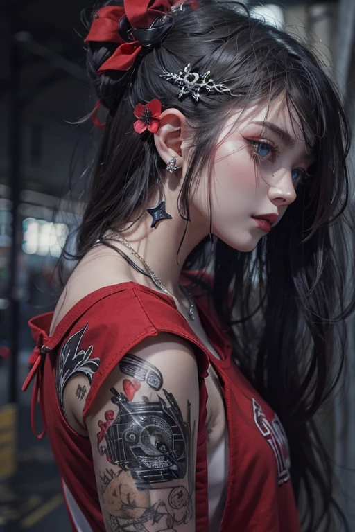 Highest quality、8k、masterpiece:1.3、Gothic Punk、The inner color is red、Gray Black Hair、hair ornaments、beautiful girl、creative、Punk Shirt、Neogoth、Goth Fashion:1.2、High resolution、masterpiece、Highest quality、頭w:1.3、((Hasselblad Photos))、Fine skin、Sharp focus、(Cinema Lighting)、Explore Tokyo'The city at night beyond the neon lights, Forehead open, 17 years old、Petting'Hair back、Shoulder Bare、Small red rose tattoo on the décolletage、Just one tattoo