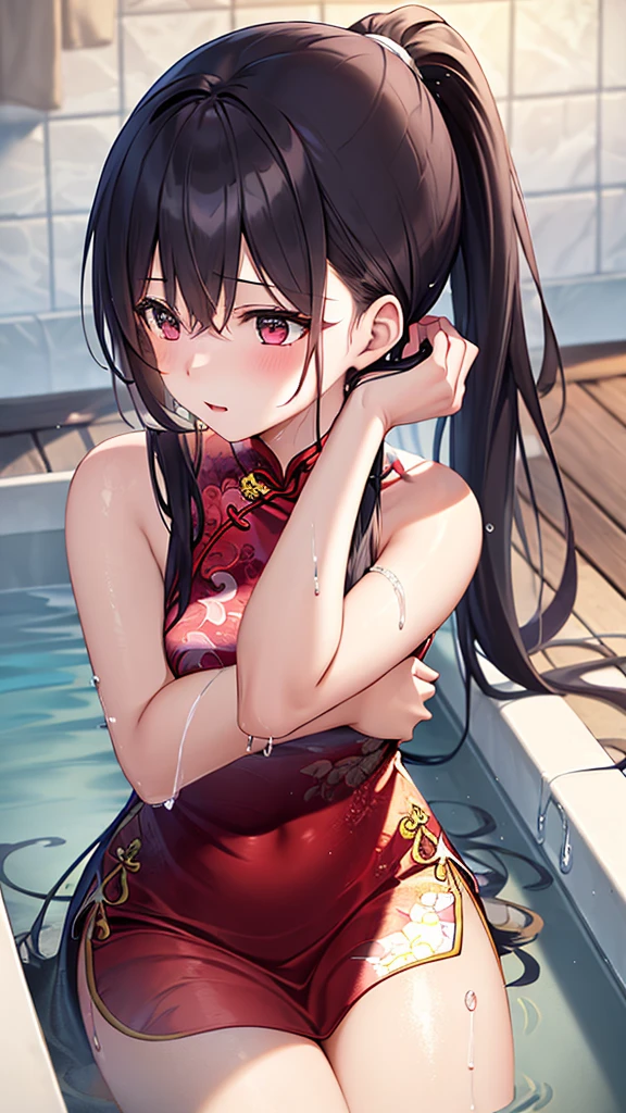 (((Masterpiece))),(((Best quality))),((Super detailed)),(illustration)，Mature teenage girl，Soak in water，黑发蓝瞳少女一半的身体Soak in water，Wet hair，Eyes looking elsewhere，Wearing red cheongsam，A long ponytail，((The girl is tying her ponytail with both hands))，((Wearing red cheongsam))，Sit in the bathhouse，Black hair，Soaked