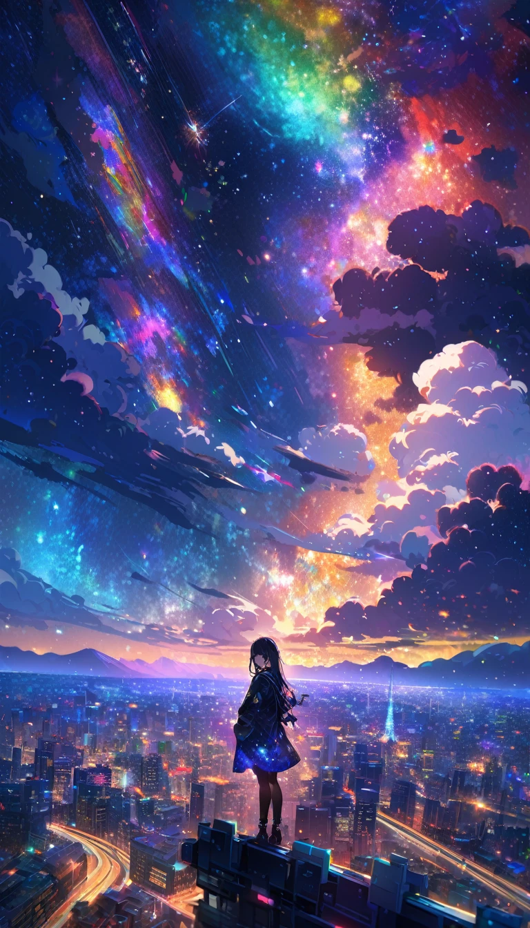 Angelic, detailed woman, midnight, nebula, after the rain, starry night, horizon, in the sky, city , colorful, high-res, 8K