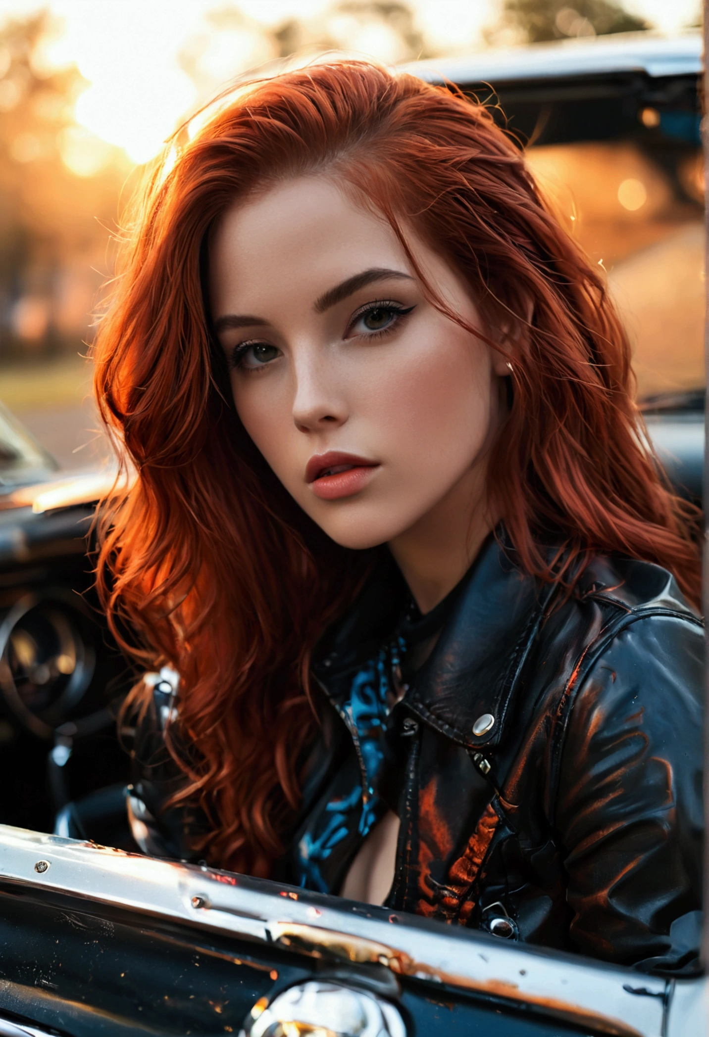 ultra realistic, photography, long red hair, girl, 24 years old, hourglass figure, perfect body, small breasts, Flirty look, extremely detailed artgerm, in the style artgerm, facing the camera, lens 35 mm, blur background, black chevrolet camaro SS 1968, she is leaning on the hood of the car, wearing a leather jacket, tight tshirt, tight leatherpants, leatherboots, 