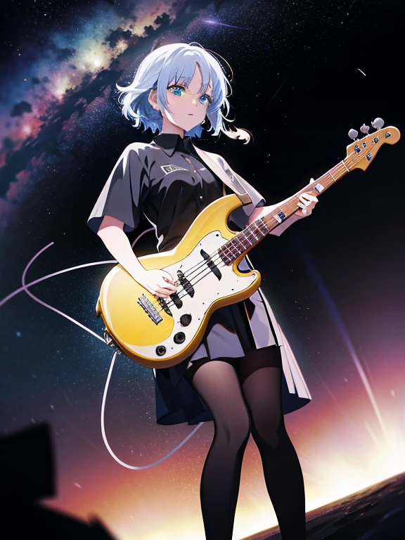 absurd resolution, a high resolution, (masterpiece:1.4), ultra detailed, 1 girl, above, Cosmos, floating, Ryo Yamada, bass guitar, , depression
