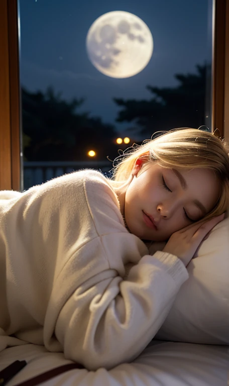 In a serene, Long blonde woman sleeping on bed in bedroom. Her Eyes, Quietly closed, 部屋のAn air of silence. outside, From a nearby window, outside観。 (Night Moon), Painting the world with a gentle glow, Midnight Dawn. internal, The room is dimly lit, (Dim lighting) aura, Enveloped in the silence of the moonlight. This atmosphere, Accompany (Gentle night air), Quietly flowing around, Enveloping a woman wrapped in a cocoon of silence、Rest in peace、An air of silence