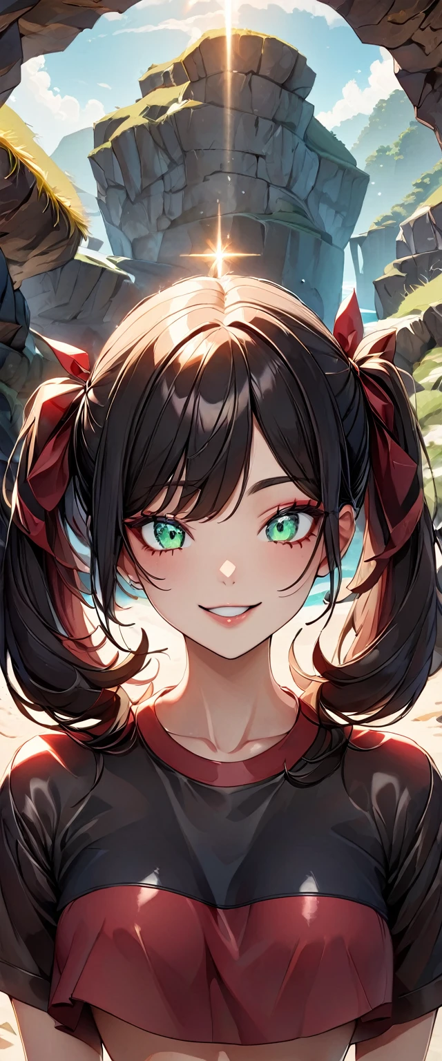 Photo of a girl with natural skin, (()), Grinning, Round face, A girl wearing mainly black and red, Upper Body, Seaside cave, The light is shining in, High Twintails, Black hair with red mesh, Sharp eyes with red eyeshadow, Blue-green eyes, Shining eyes, A thin, upturned nose, Well-shaped lips, ((crop top overhang, Short sleeve, Black clothes, Thighs, Glamour body)), Makeup, Exquisitely crafted with the utmost attention to detail, Vibrant, amazing, Smooth, Cinematic, 4K, Backlight, (()), Shallow depth of field, ((Detailed eyes:1.3, Detailed lips:1.3, high quality, )), masterpiece, Super detailed images, High quality