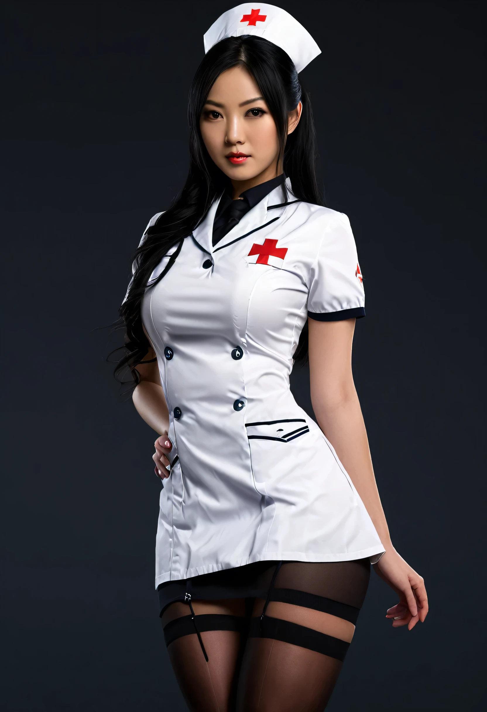 photorealestic, High resolution, A Japanese nurse named Jade, alone, hips up high, Show viewers, (detailed face), black hair, Long hair, Nurse outfit, Socks. Fully clothed 