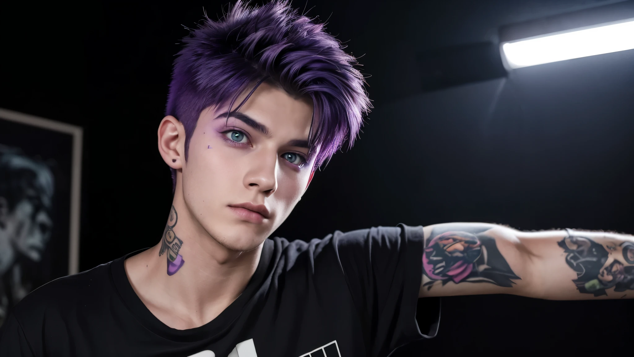 [Ultra-realistic] A super-zoomed image of a handsome boy of about 17 years old with purple hair and purple eyes. He is wearing a horror movie T-shirt, has tattoos all over his body, and is in a dark room with neon lights reflecting off the man.