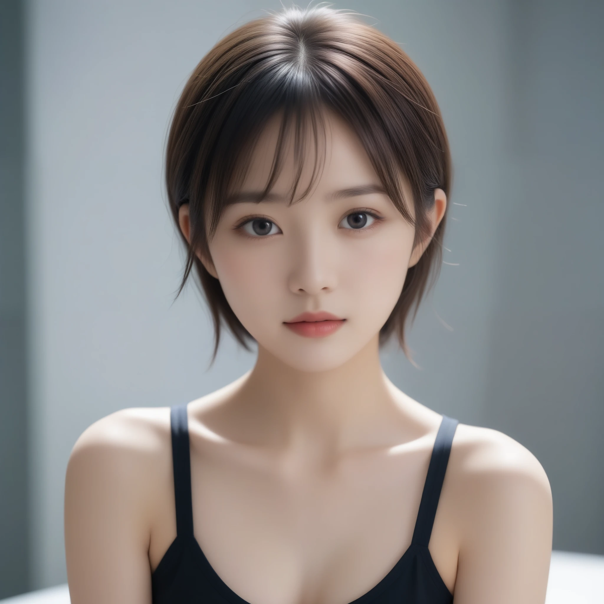 8k, Ultra-high resolution, Highest quality, masterpiece, 三分割法によるphotograph,Surreal, photograph, 1 Girl, (16 years old:1.3), pretty girl, Cute Face, Beautiful eyes in every detail, 細かくdetailedに,masterpiece,One Girl:1.2,Japan Female Teachers,extream close up,sad,streaming tears,Black short hair,Messy bun hair,(black suit:1.3),Nun's clothing,(印象派の美しい少女のPortraiture), (Gray background:1.3),(Impressionist light and colour),Dedication to God,Realistic Skin, Perfect and beautiful face ,完璧でCute Face, Skin with attention to detail, Perfect limbs、Narrow waist,Looking at the audience、beauty,Long neck,clavicle,(((Ideal body type))),A cup small breasts :2,Portraiture:2,Perfect Anatomy,鮮明なdetailed,detailed,Surreal,Light and shadow,spotlight