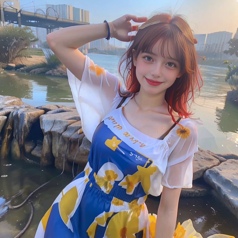 (Masterpiece, 8ก, best quality:1.2), On the river, outdoor, 1 girl, 22 yo greek woman, smile, look at viewer, Skimpy print sun protection dress, Wet clothes, Soaking wet, Wet hair, Wet skin, translucent, Glittering with oil, Soaking wet, bright sunlight, Soaking wet heavy clothes, playful, red hair, short bob