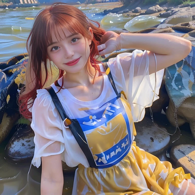 (Masterpiece, 8ก, best quality:1.2), On the river, outdoor, 1 girl, 22 yo greek woman, smile, look at viewer, Skimpy print sun protection dress, Wet clothes, Soaking wet, Wet hair, Wet skin, translucent, Glittering with oil, Soaking wet, bright sunlight, Soaking wet heavy clothes, playful, red hair, short bob