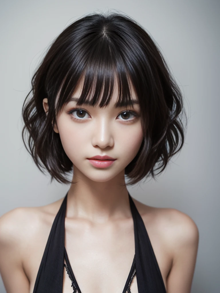 Angle from directly above,dynamic pose,(Highest quality, Very detailed, masterpiece:1.2), 1 women, Very thin body, length, Thin legs, ((Black wavy short layered cut hair hair:1.2)), ((Thick and fluffy bangs)), Very detailedな顔,A faint smile, small, Thin Nose, small thin mouth, Extremely sharply focused eyes, Japanese, Beautiful Face, Realistic eyes, Beautiful and beautiful eyes, Realistic Skin, Beautiful Skin, charm, (A vivid face), Beautiful Hairstyles,((micro bikini)), High resolution, Vibrant color palette, Amazing place,Characteristic dark shadows and strange details,