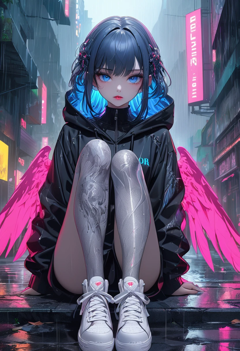 High resolution RAW color art, animation, Silver Marble Skin, (((Highly detailed elegant))), Magical atmosphere, Detailed skin, texture,(Exquisitely crafted, The finer details, Ultra-detailed art), Depth of written boundary, Silky Touch, Hyper Detail, Matte Drawing, fallen Angel,Mesh hair、Cobalt blue eyes, Elegant face,,Red eyeshadow,dior pink lips,Neon color,Neon color,Anime characters, Anime Style, Digital Cyberpunk Anime Art, modern anime, best anime 4k , artstation pixivでトレンド, Anime Style. 8k, anime cyberpunk art, modern Anime Style, Digital Cyberpunk - Anime Art, Top rated on pixiv ,rainの街,rain,Sitting down,A can of beer in one hand,In town,rain,White sneakers,Black hoodie,