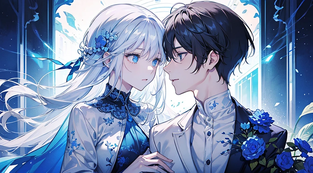 Create a stunning couple image for a cover picture. The boy should have striking white hair, wearing a sleek white t-shirt and a stylish white blazer, with captivating sky-blue eyes. The girl should have beautiful brown hair, flowing naturally, and wearing a soft, elegant outfit that complements the boy's attire. They should be standing close together, sharing a moment of gentle connection. In the background, incorporate an intricate design of blue flowers and soft, glowing light to create a serene and enchanting atmosphere. The overall aesthetic should be dreamy and romantic, perfect for a captivating cover picture.