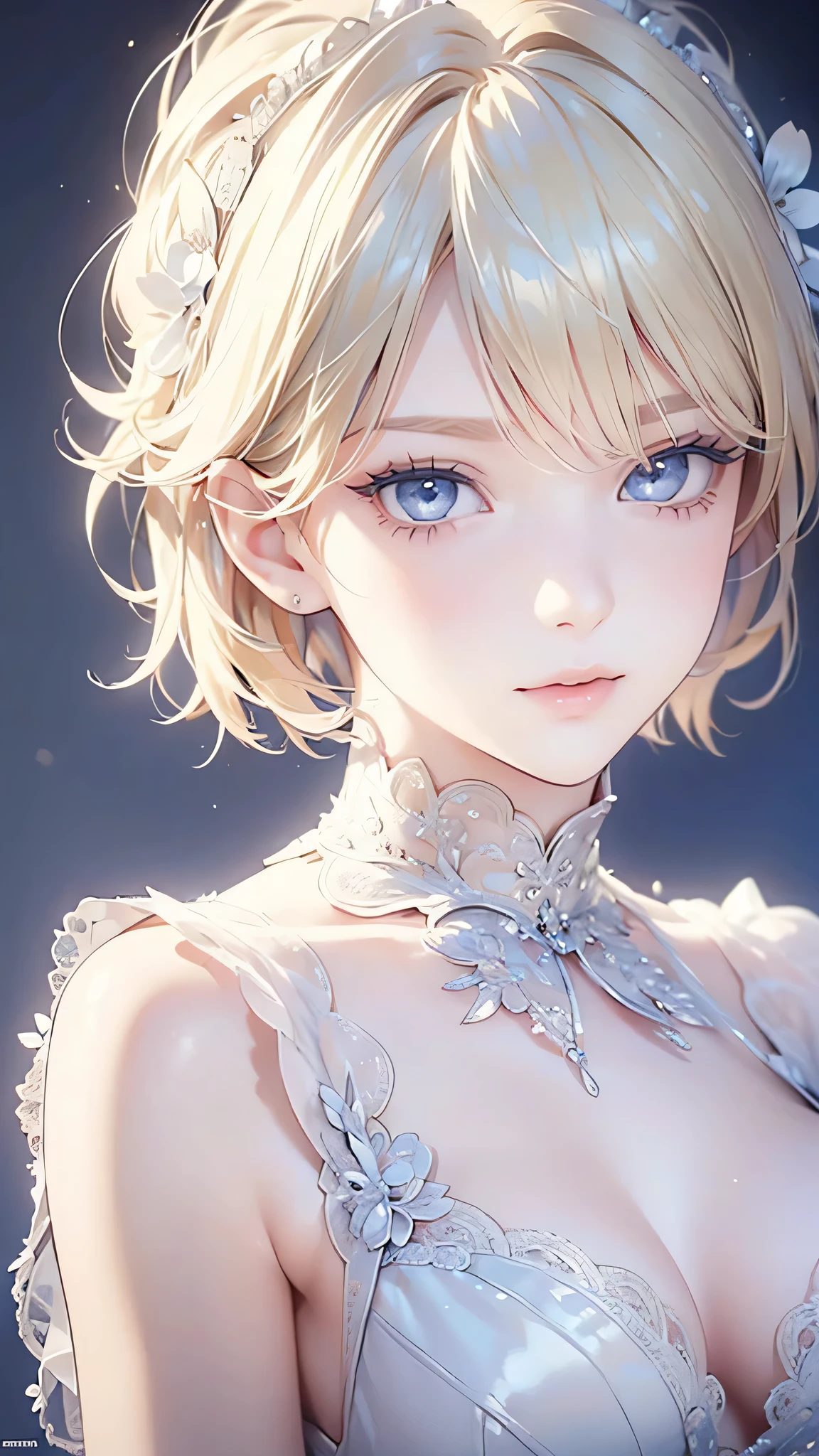 (masterpiece: 1.2, Highest quality), (Realistic, Intricate details, Depth of subject), Highest quality, masterpiece, Very detailed, 1 girl, Mature Woman, Blonde Short Hair, (Very delicate and beautiful face), (Beautiful eyes in every detail), blue eyes, King's Clothes, Slim figure, A crown made of precious gold,