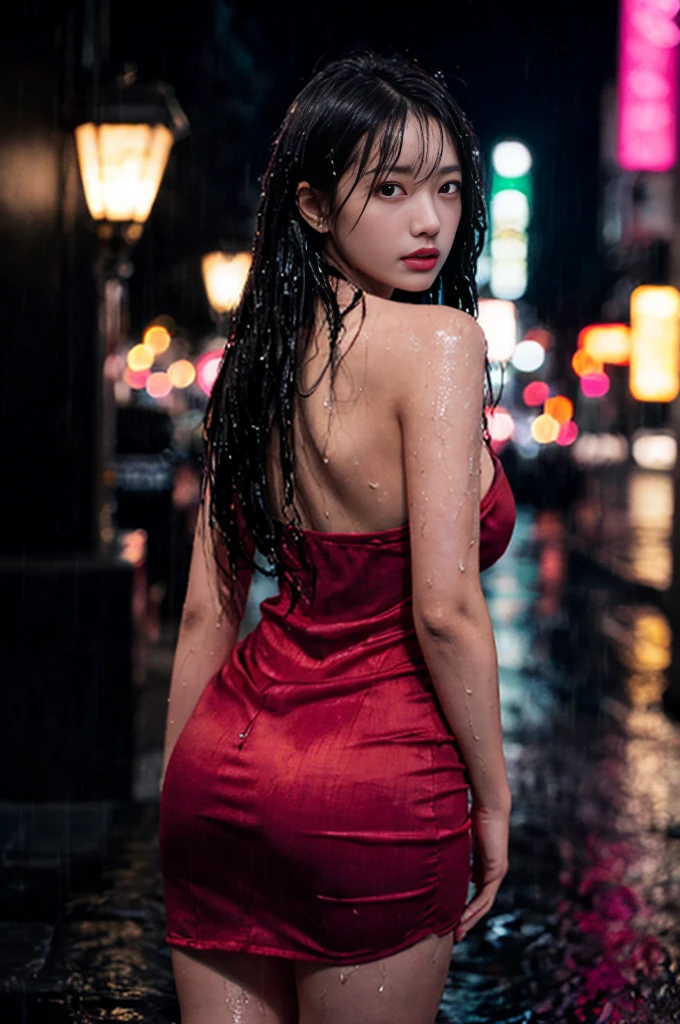 1girl,solo,long hair,Rough skin,from back,face focus,(looking at viewer:1.2),wet hair,dark,polaroid,(depth_of_field:1.5),rainy days,outdoors,street,hair between eyes,moody lighting,Tyndall effect,Cinematic Lighting,night,lamppost,lens flare,available light,rim light,glowing neon lights,curvy,Red silk dress,korea girl, cleavage, thigh
