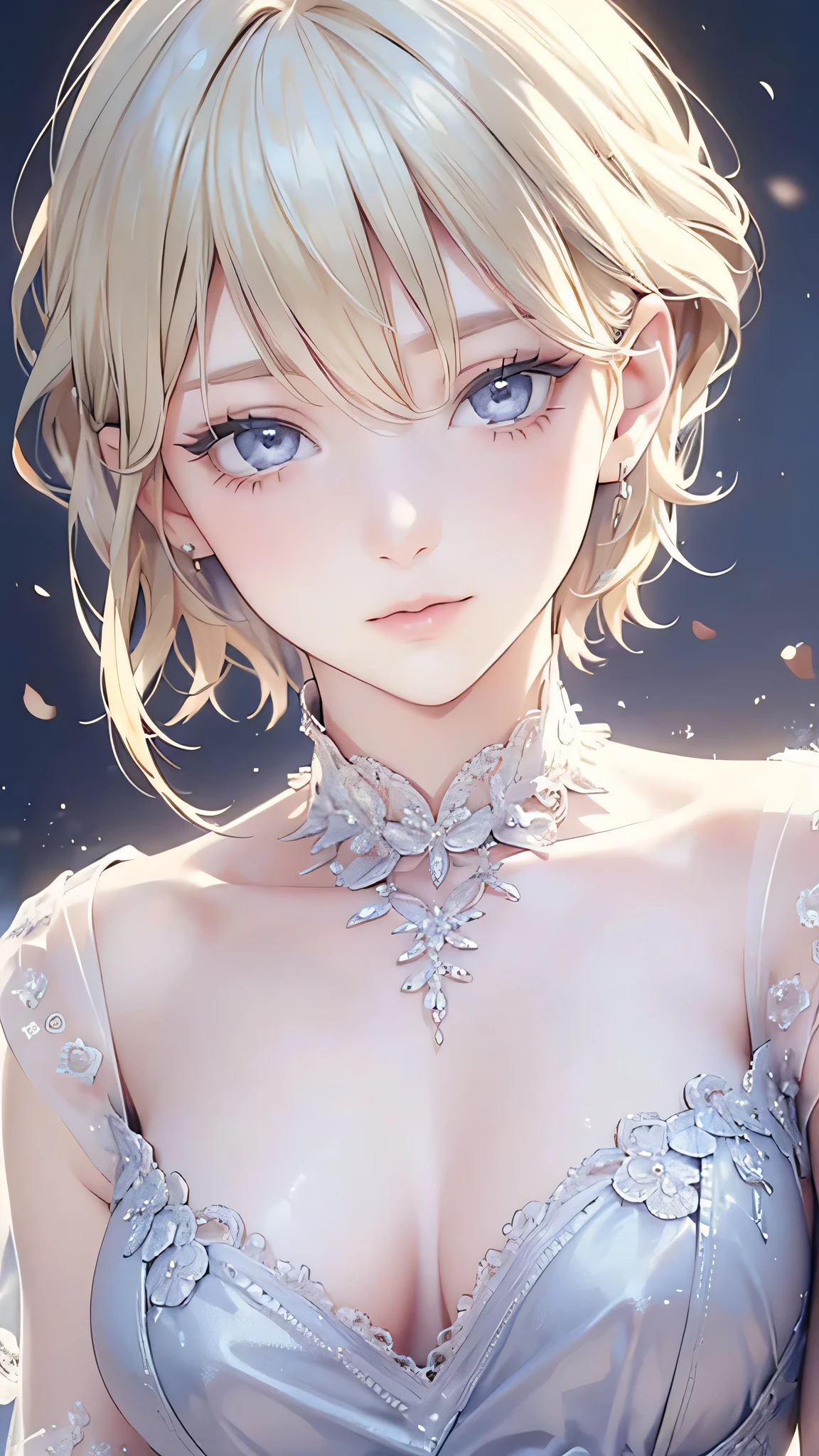 (masterpiece: 1.2, Highest quality), (Realistic, Intricate details, Depth of subject), Highest quality, masterpiece, Very detailed, 1 girl, Mature Woman, Blonde Short Hair, (Very delicate and beautiful face), (Beautiful eyes in every detail), blue eyes, King's Clothes, Slim figure, A crown made of precious gold,