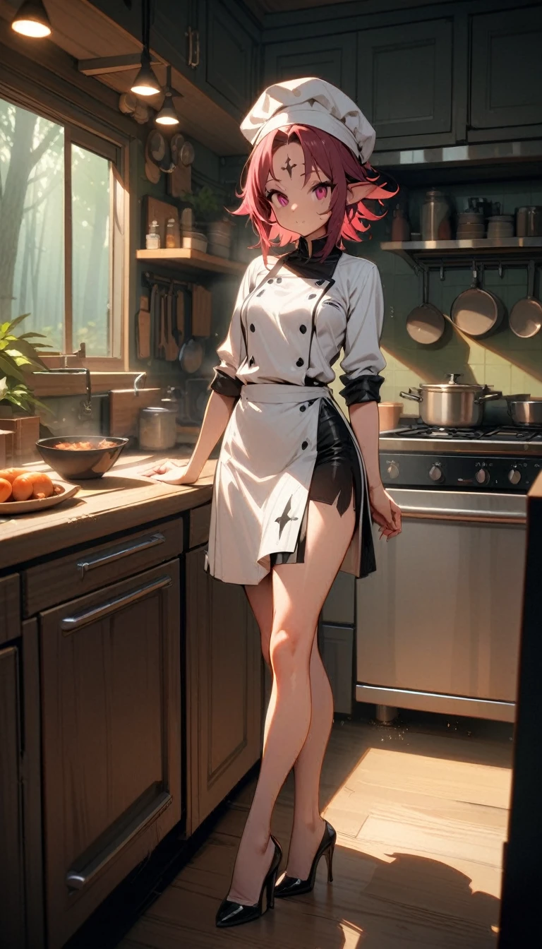 ((best quality)) , ((masterpiece)) , (detailed),1 female,(((forest fae))),kitchen,Female chef,High heel,((whole body))