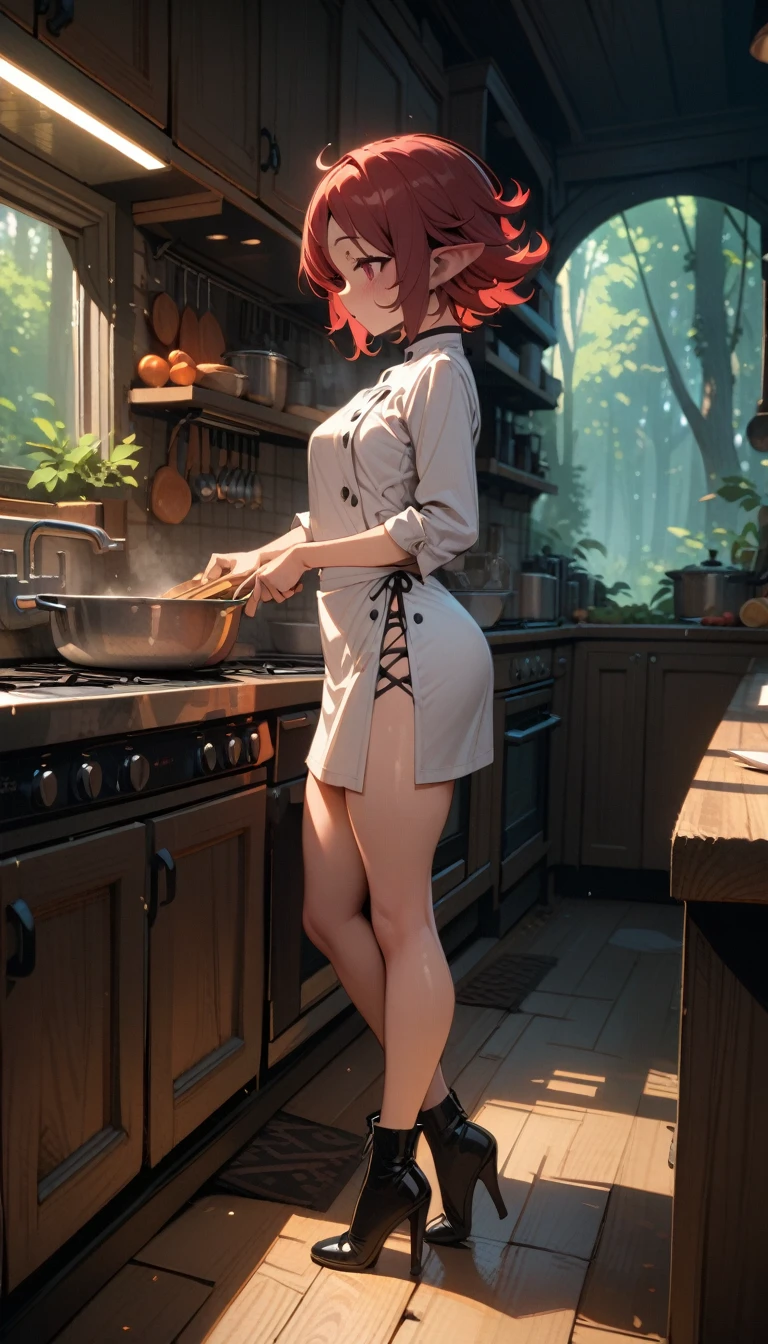 ((best quality)) , ((masterpiece)) , (detailed),1 female,(((forest fae))),kitchen,Female chef,High heel,((whole body))
